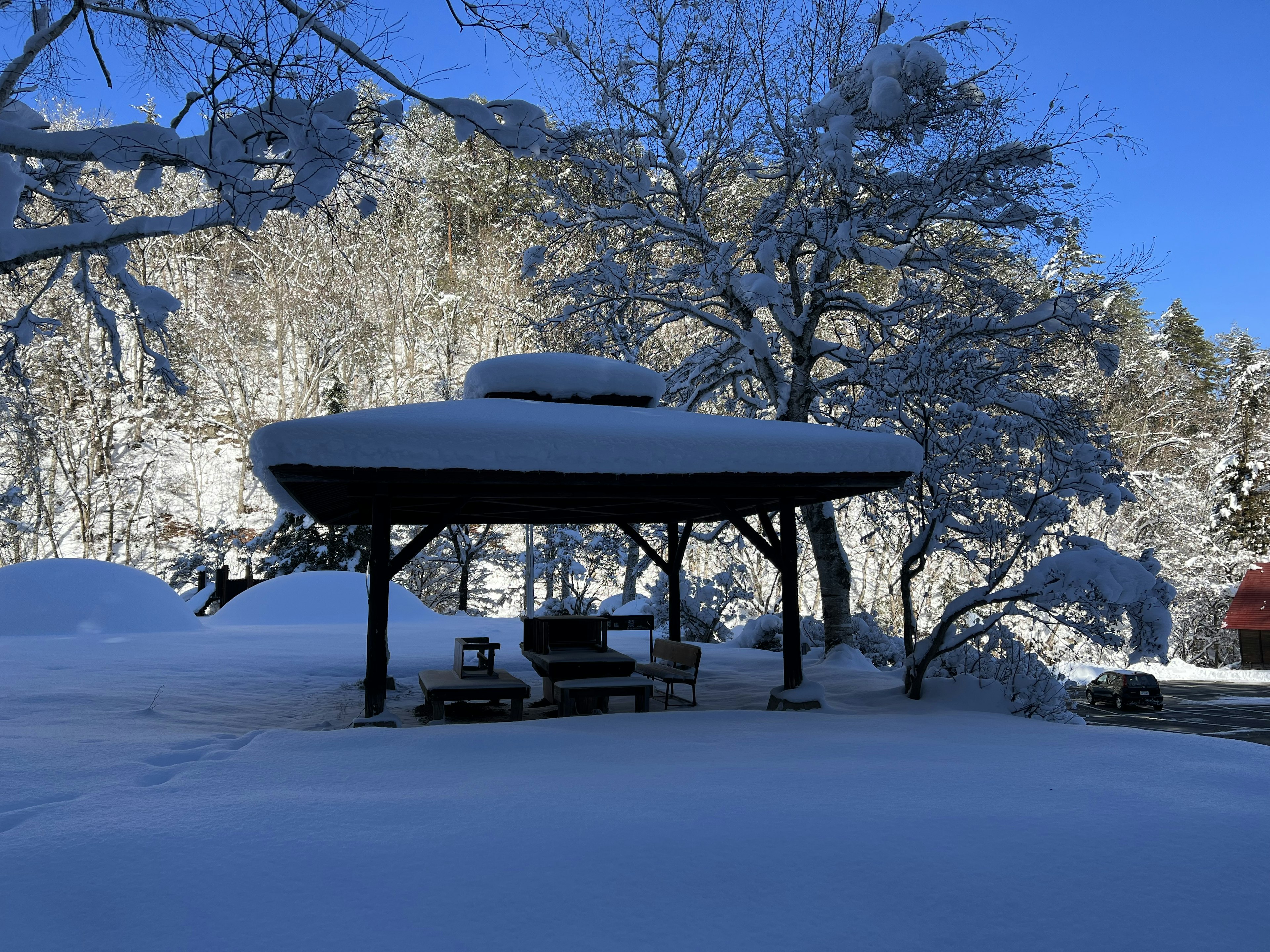 Schneebedeckter Pavillon und Bäume in einer malerischen Winterlandschaft