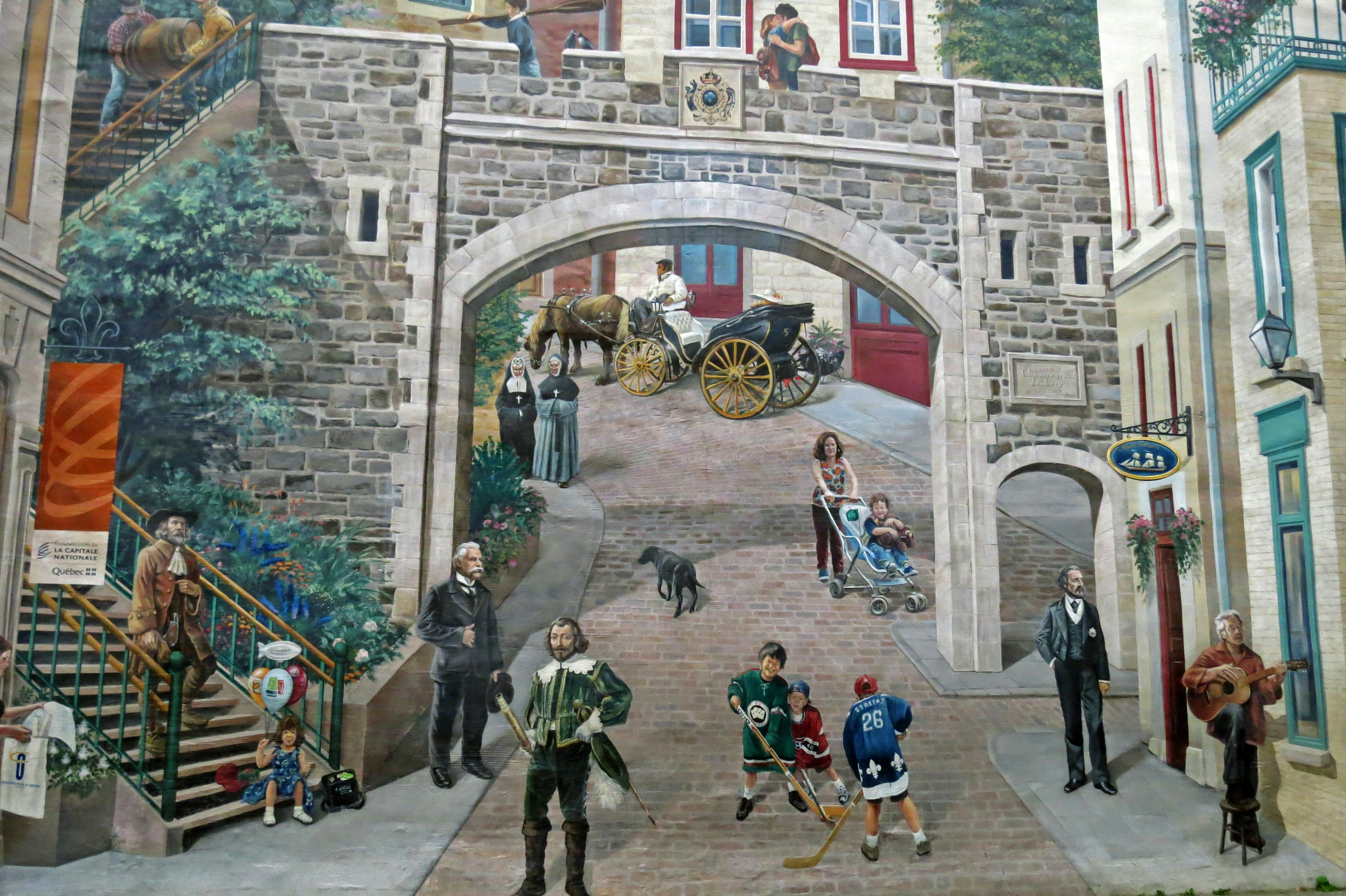 Historical mural of a street featuring various people and horse-drawn carriages