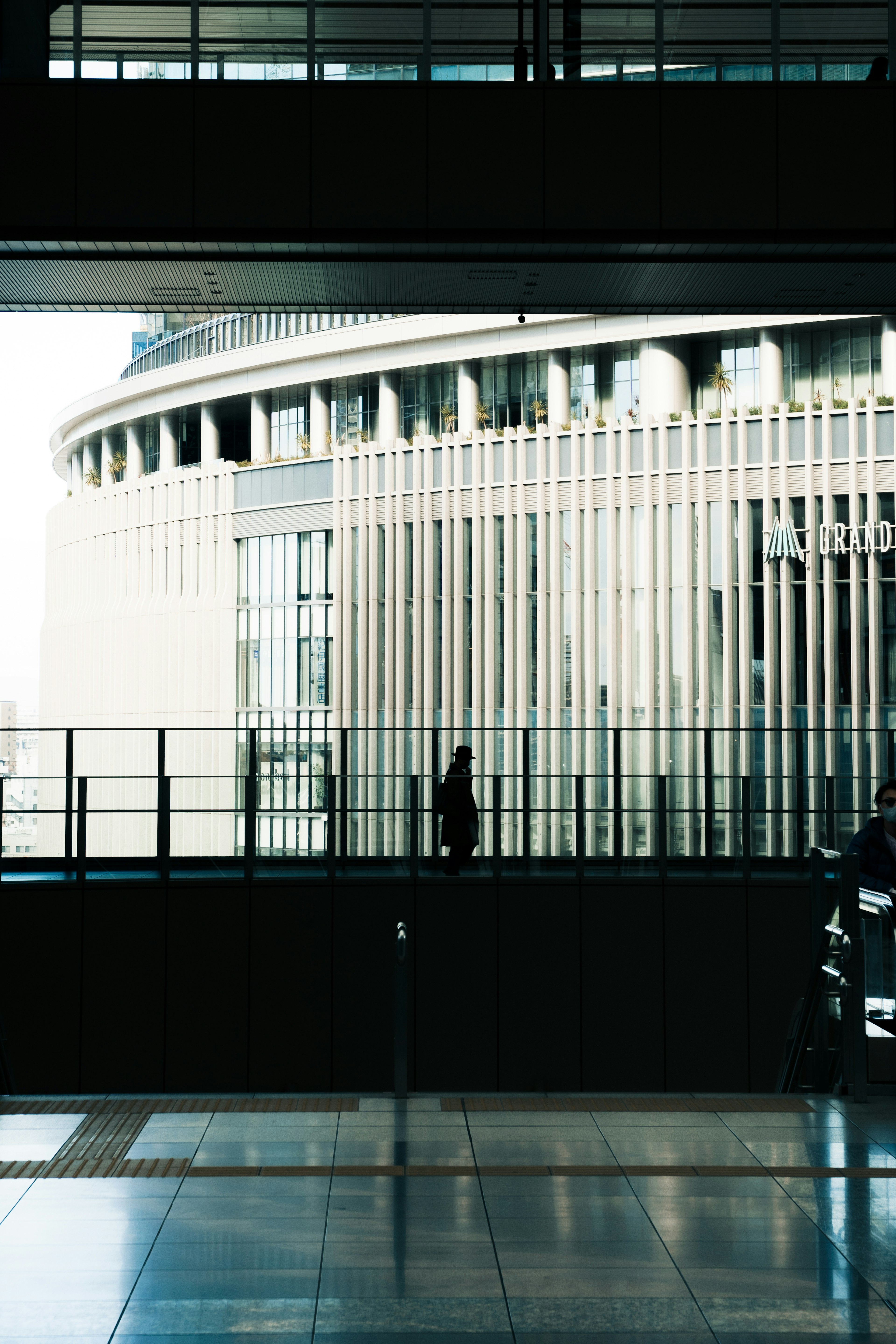 Silhouette of a person against a modern building visible through a window