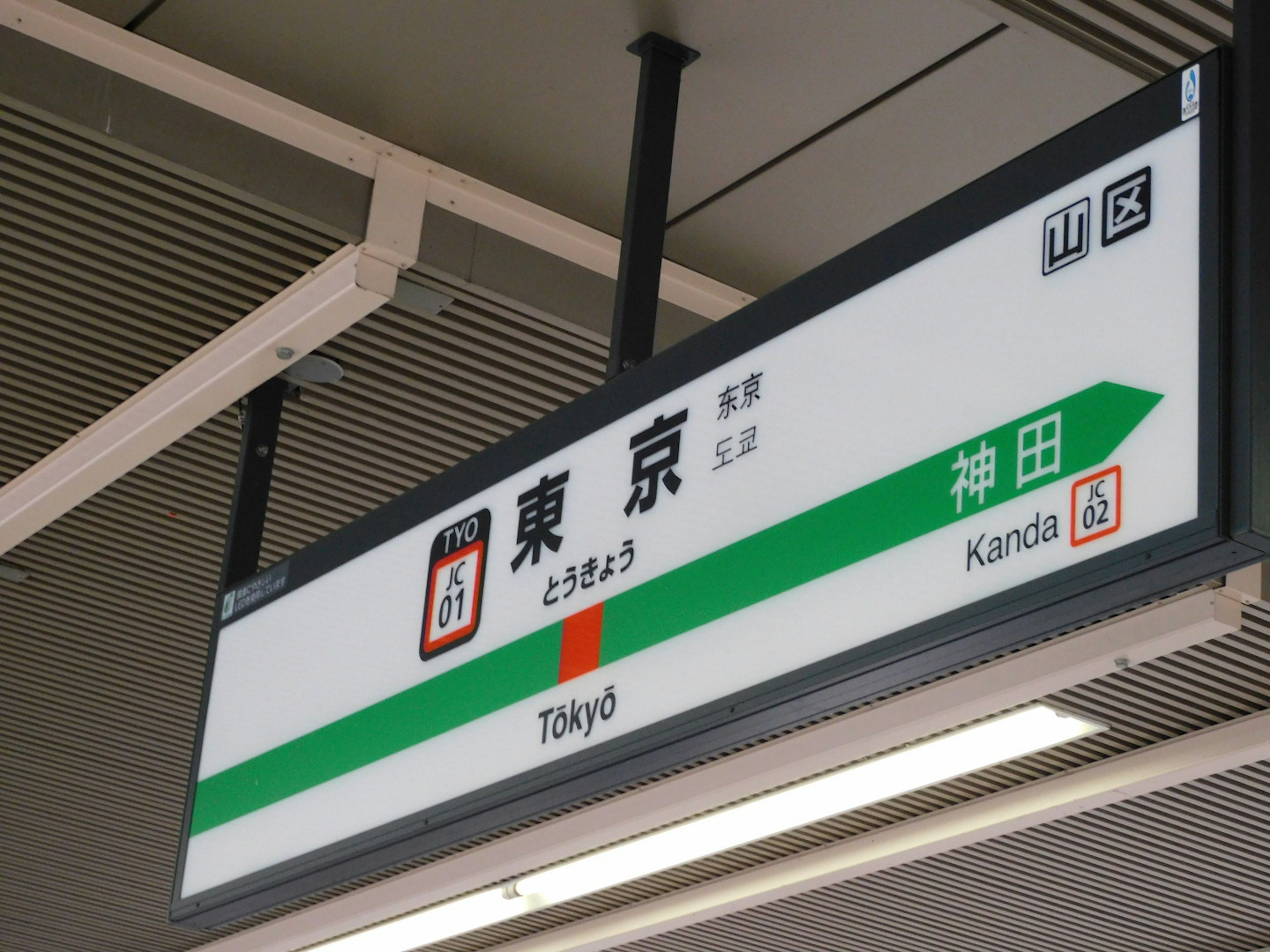 Papan petunjuk di Stasiun Tokyo yang menunjukkan arah ke Kanda dengan detail jalur kereta