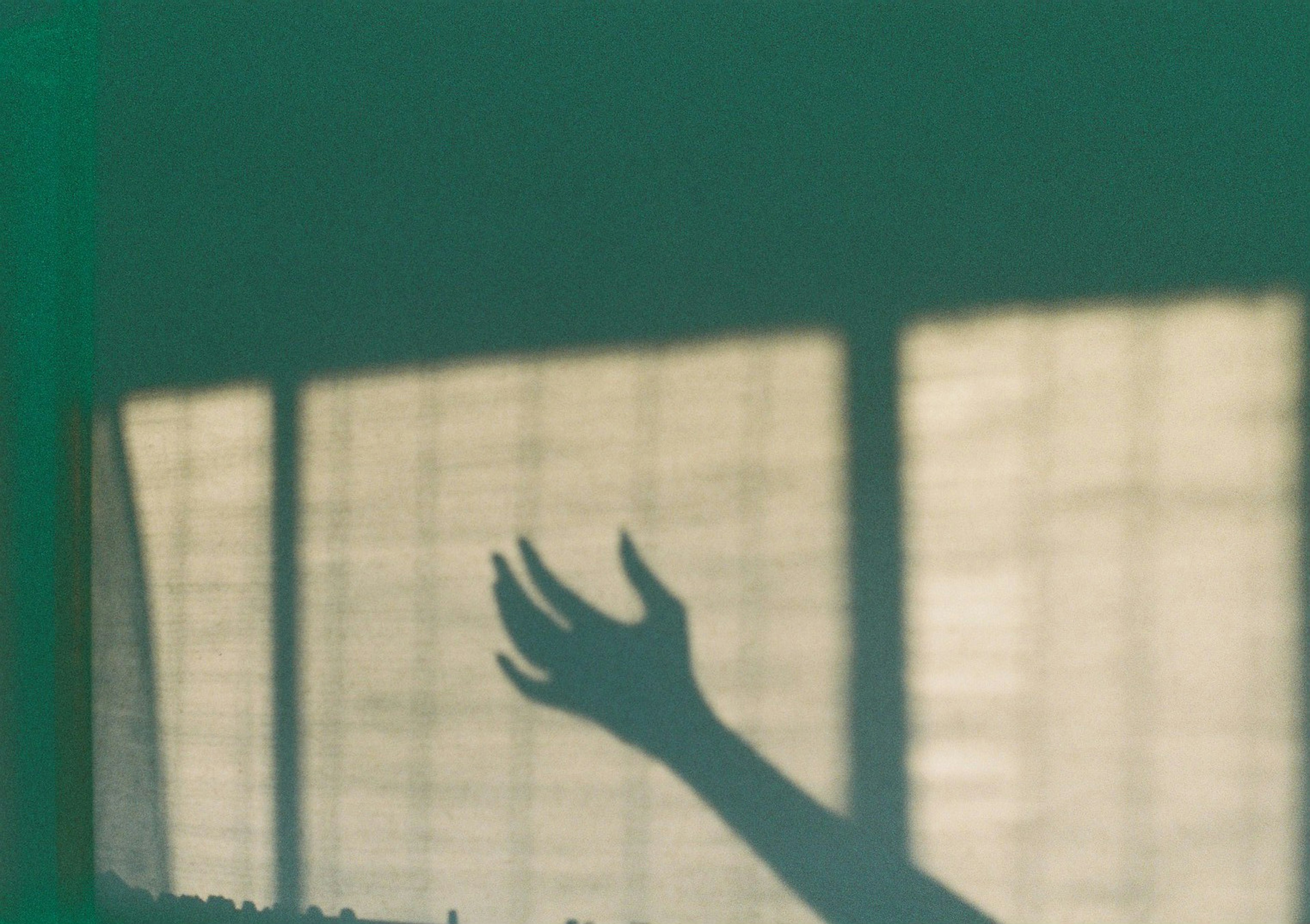 Schatten einer Hand, die sich gegen einen grünen Hintergrund mit Fensterlicht ausstreckt