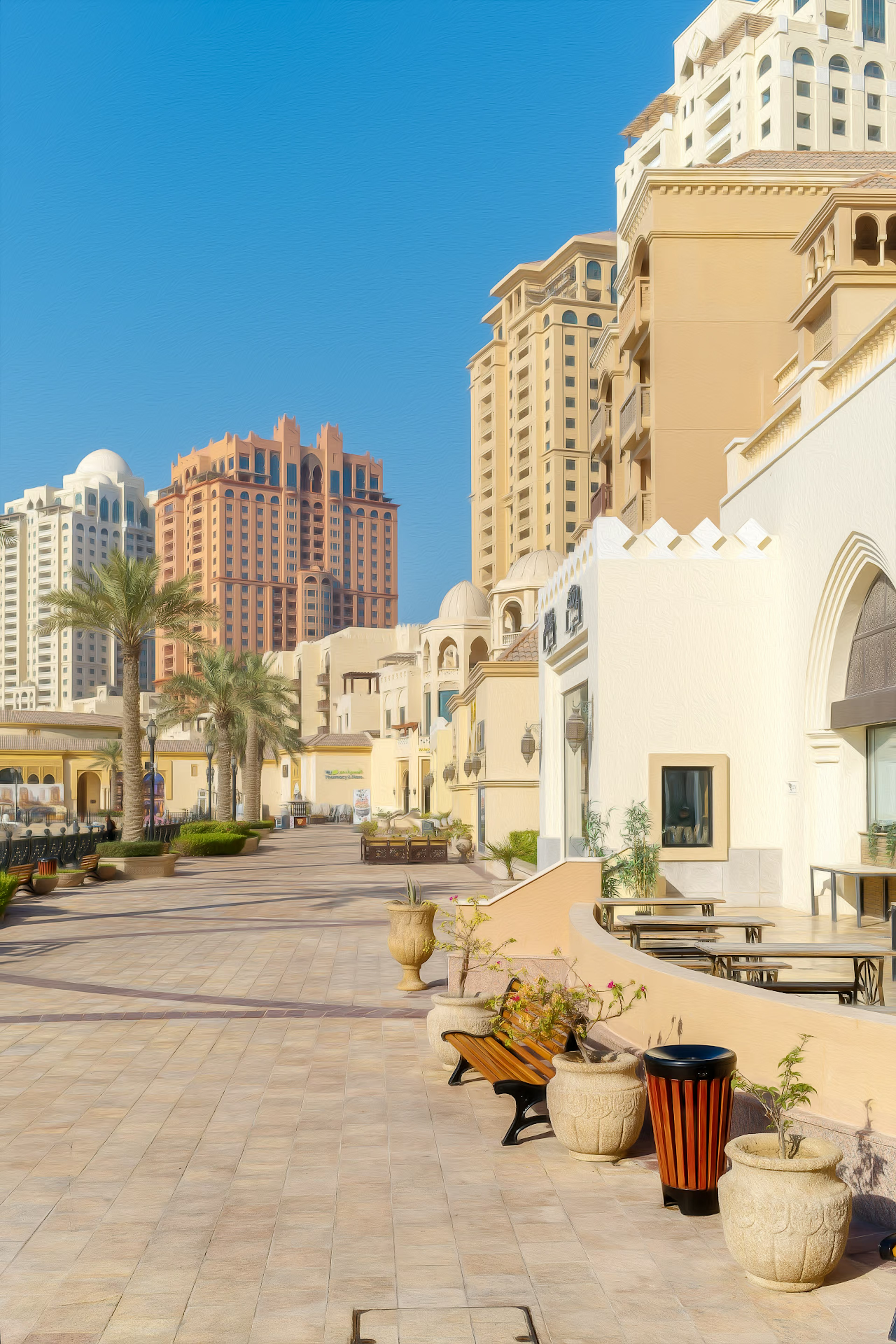 Luxury waterfront promenade with buildings and planters under a clear blue sky