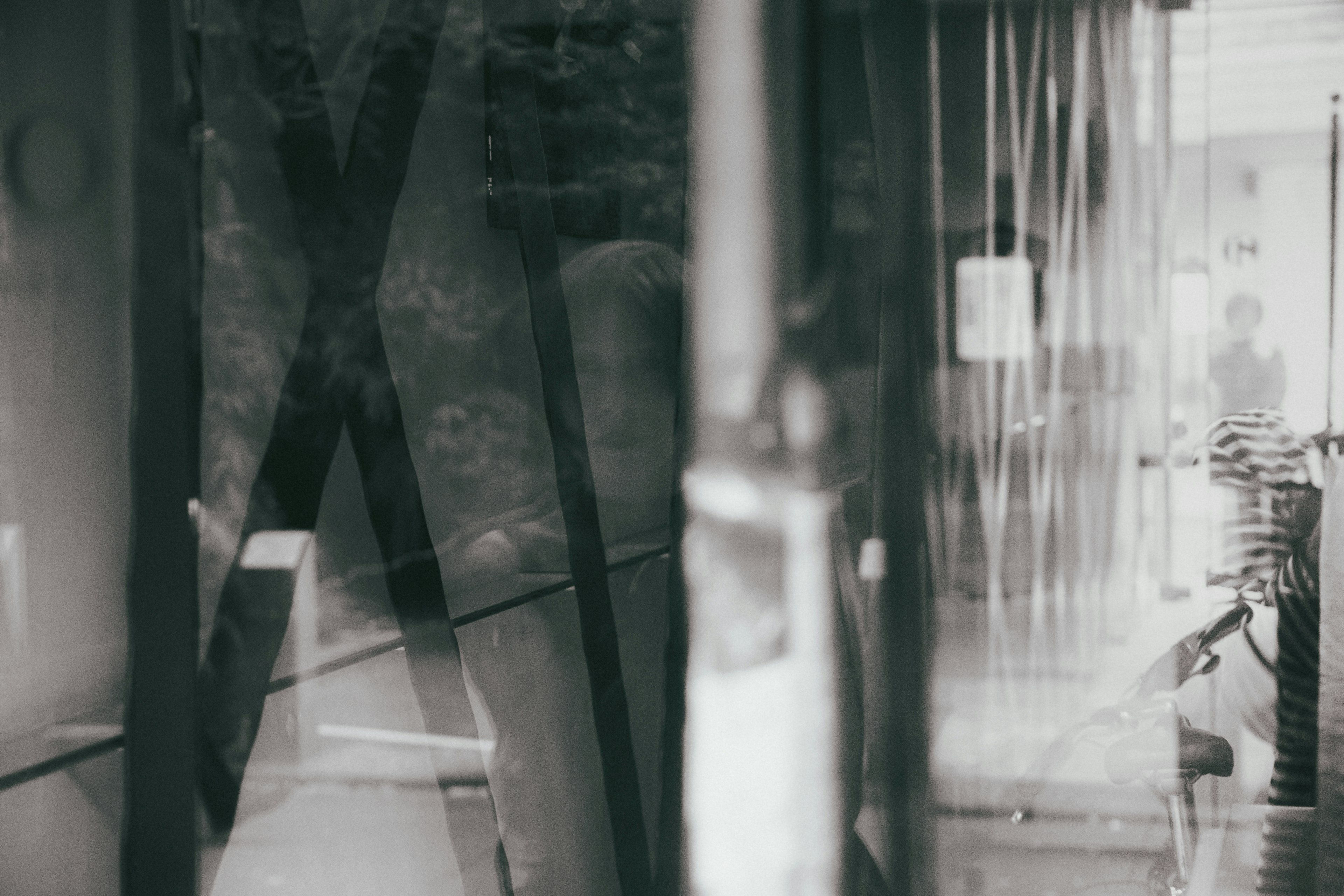 Black and white image featuring reflections on glass with a silhouette of a plant