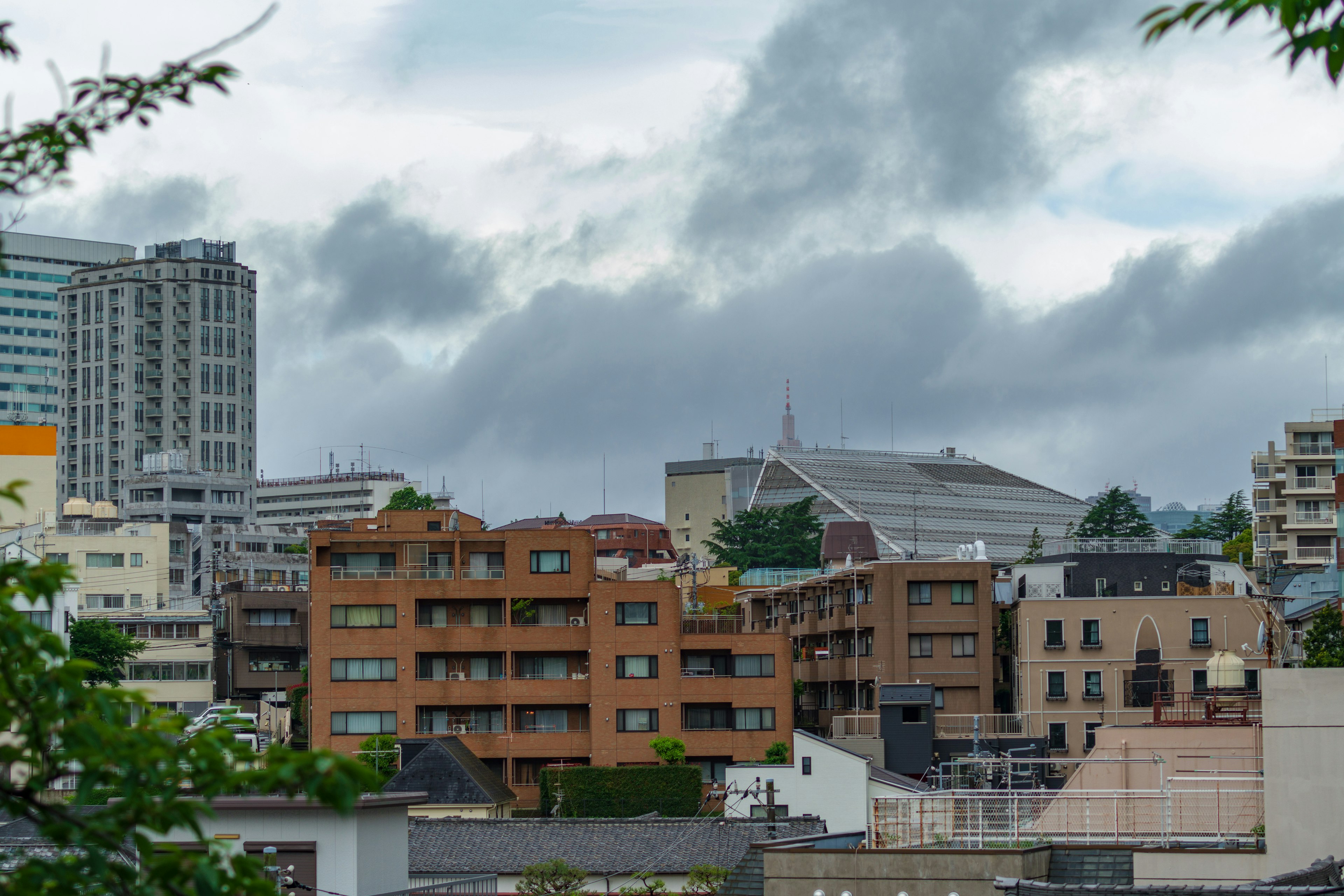 Stadtansicht mit einer Mischung aus Gebäuden und Häusern unter einem bewölkten Himmel