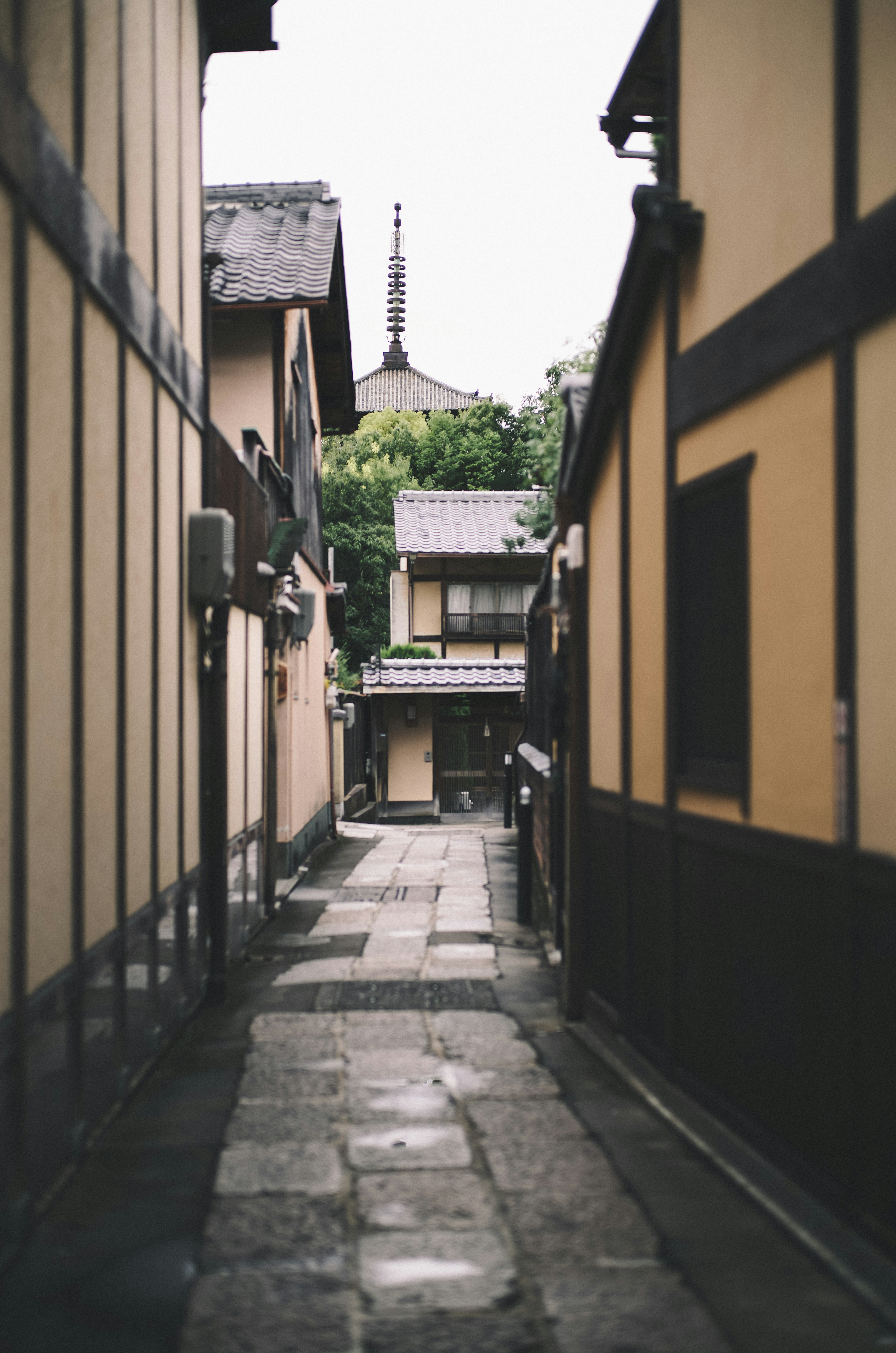 Callejón estrecho con edificios japoneses tradicionales