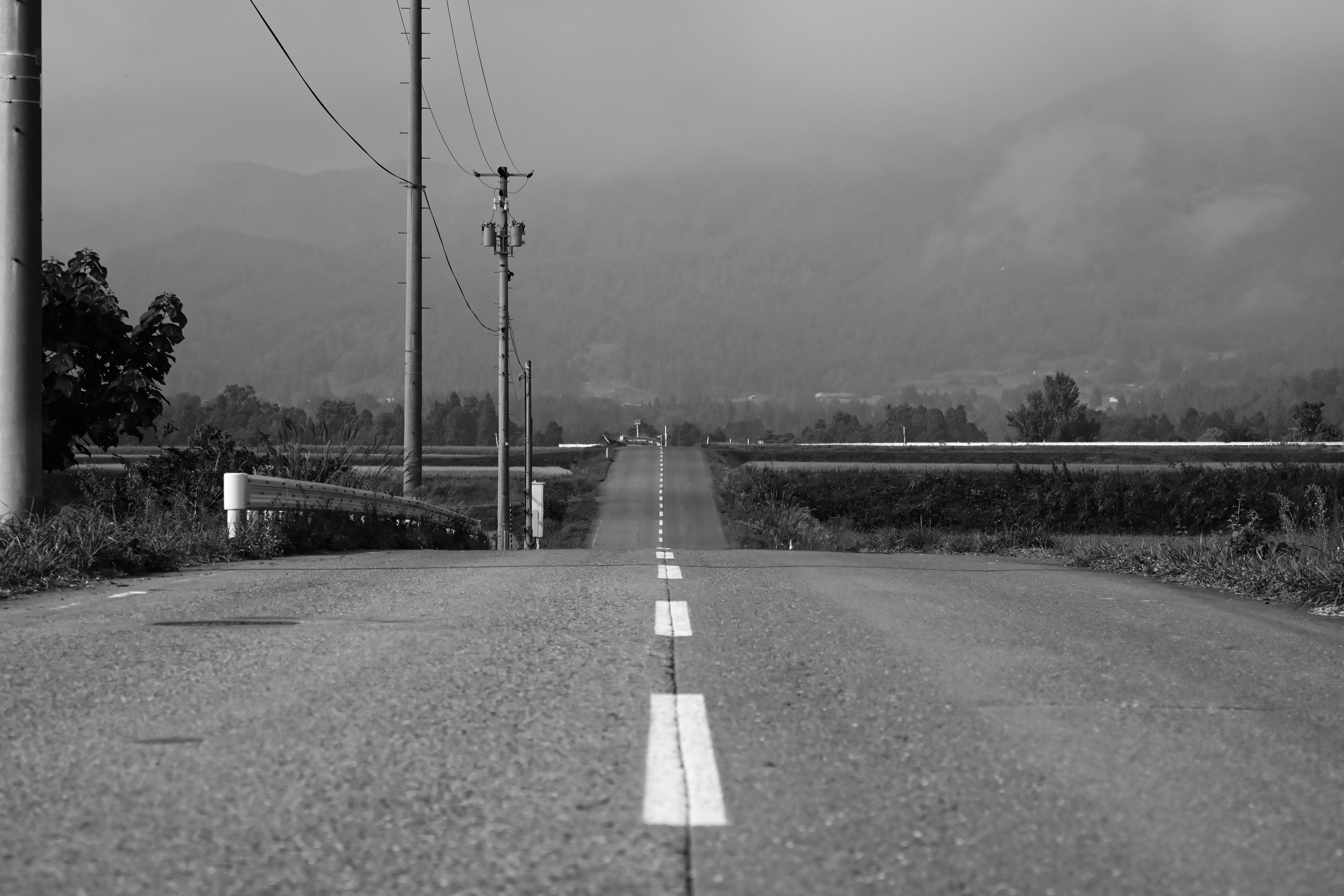 Black and white rural road stretching into the distance