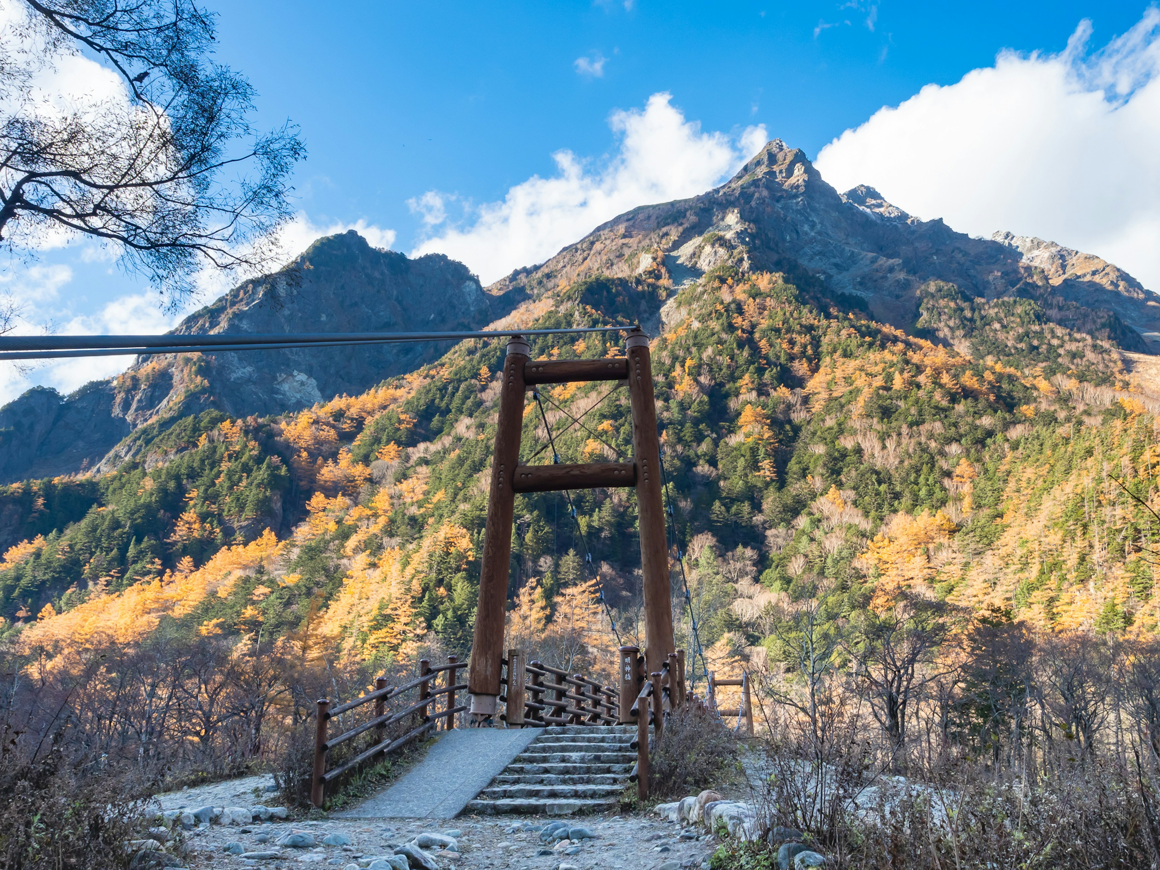 Vista panoramica di un ponte con alberi autunnali e montagne sullo sfondo