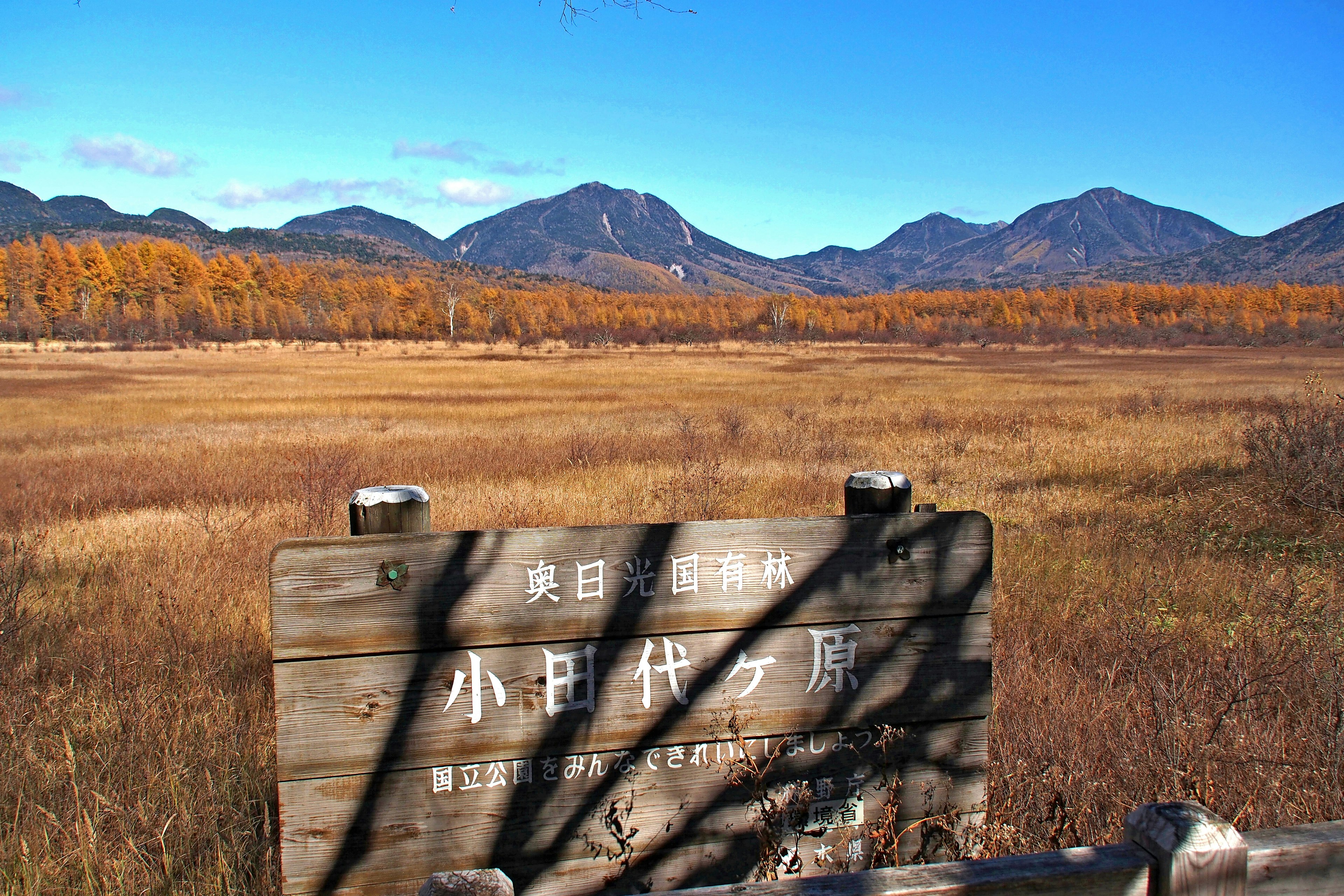 美しい山々と秋の草原が広がる風景と看板