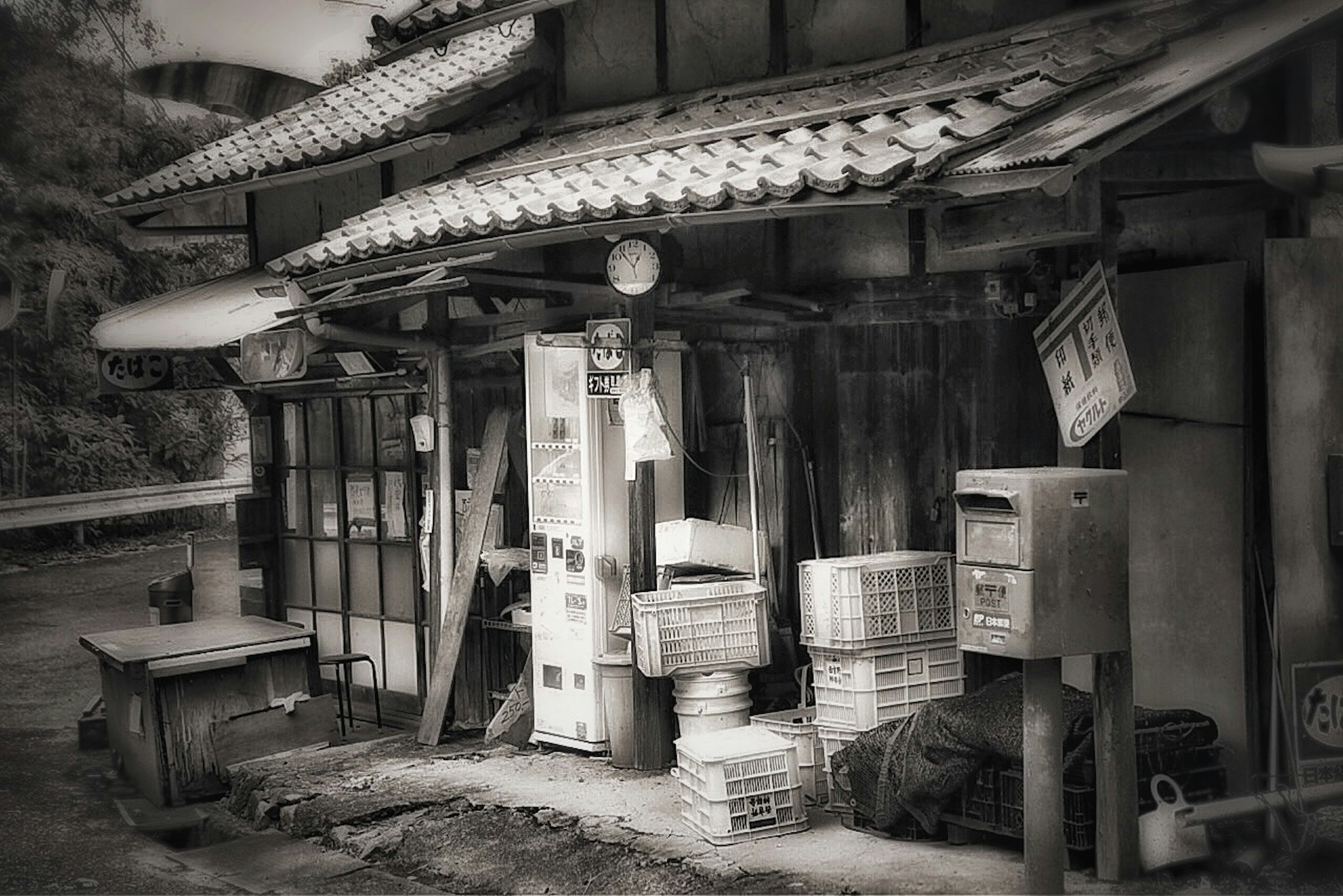 Exterior of an old Japanese shop in black and white film style with traditional roof and wooden walls