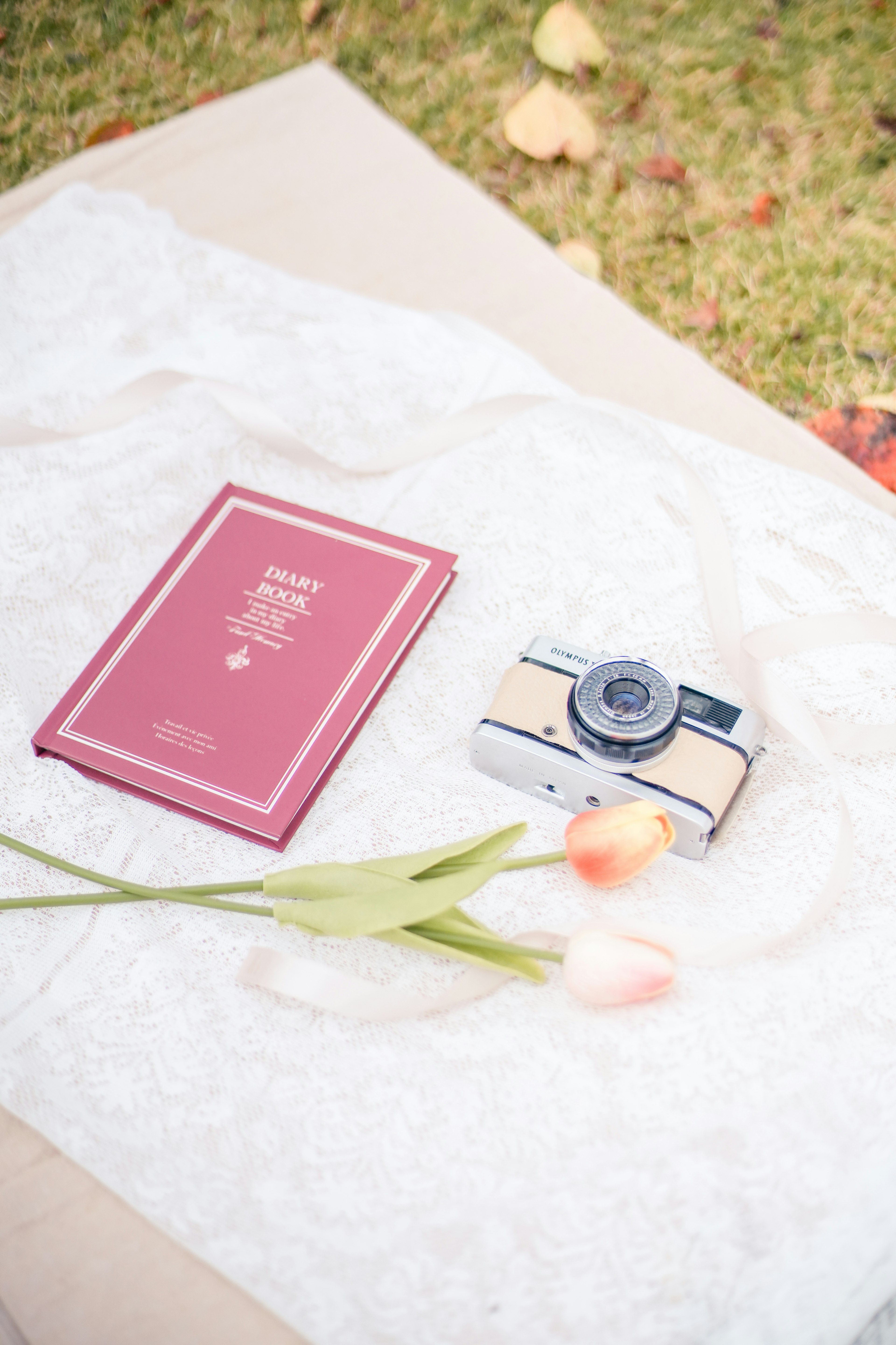 Une disposition esthétique d'un appareil photo, d'un livre et de tulipes sur une surface douce