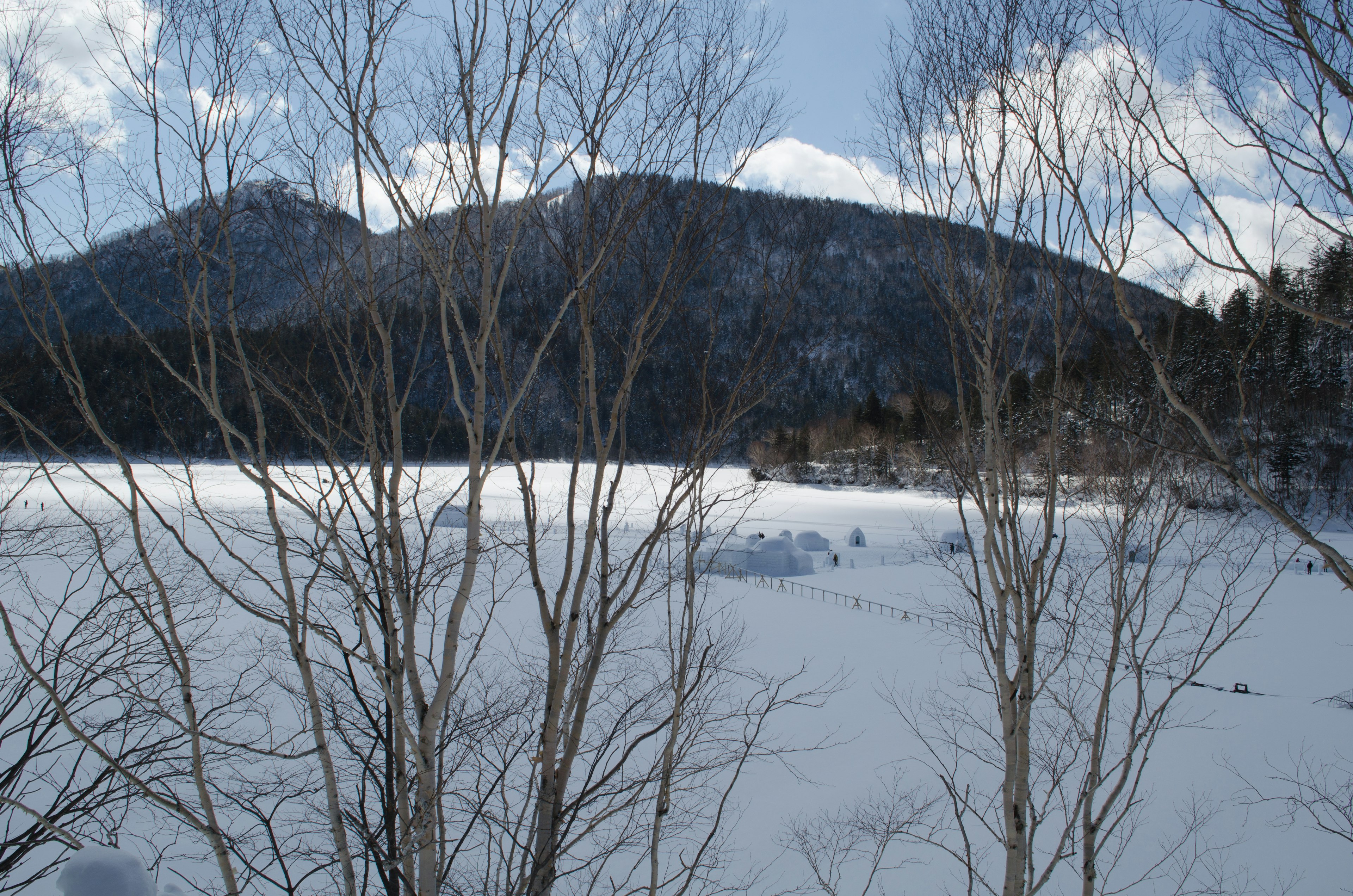 Snow-covered landscape with mountains in the background