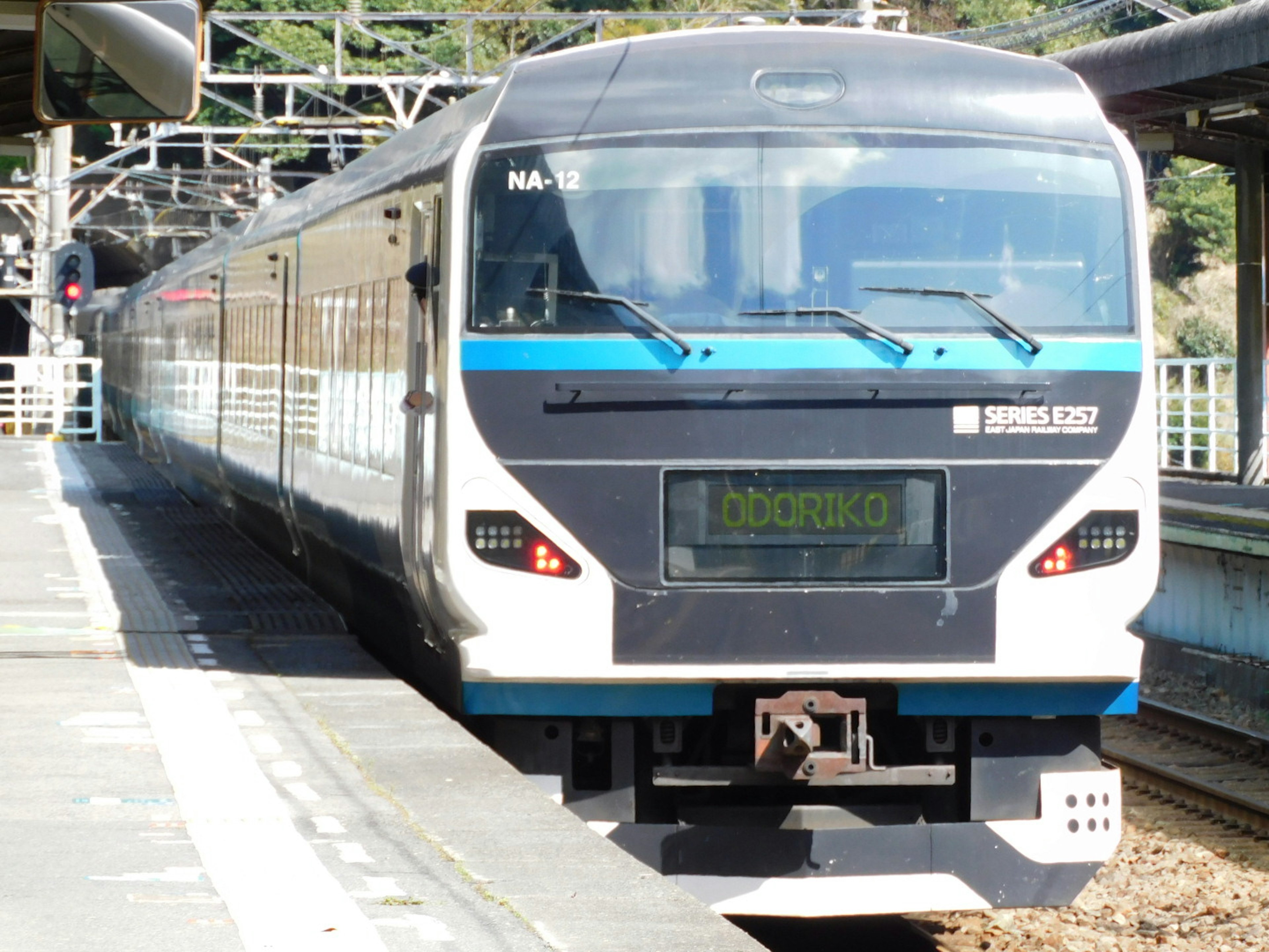 青いストライプのある現代的な電車が駅に停車中