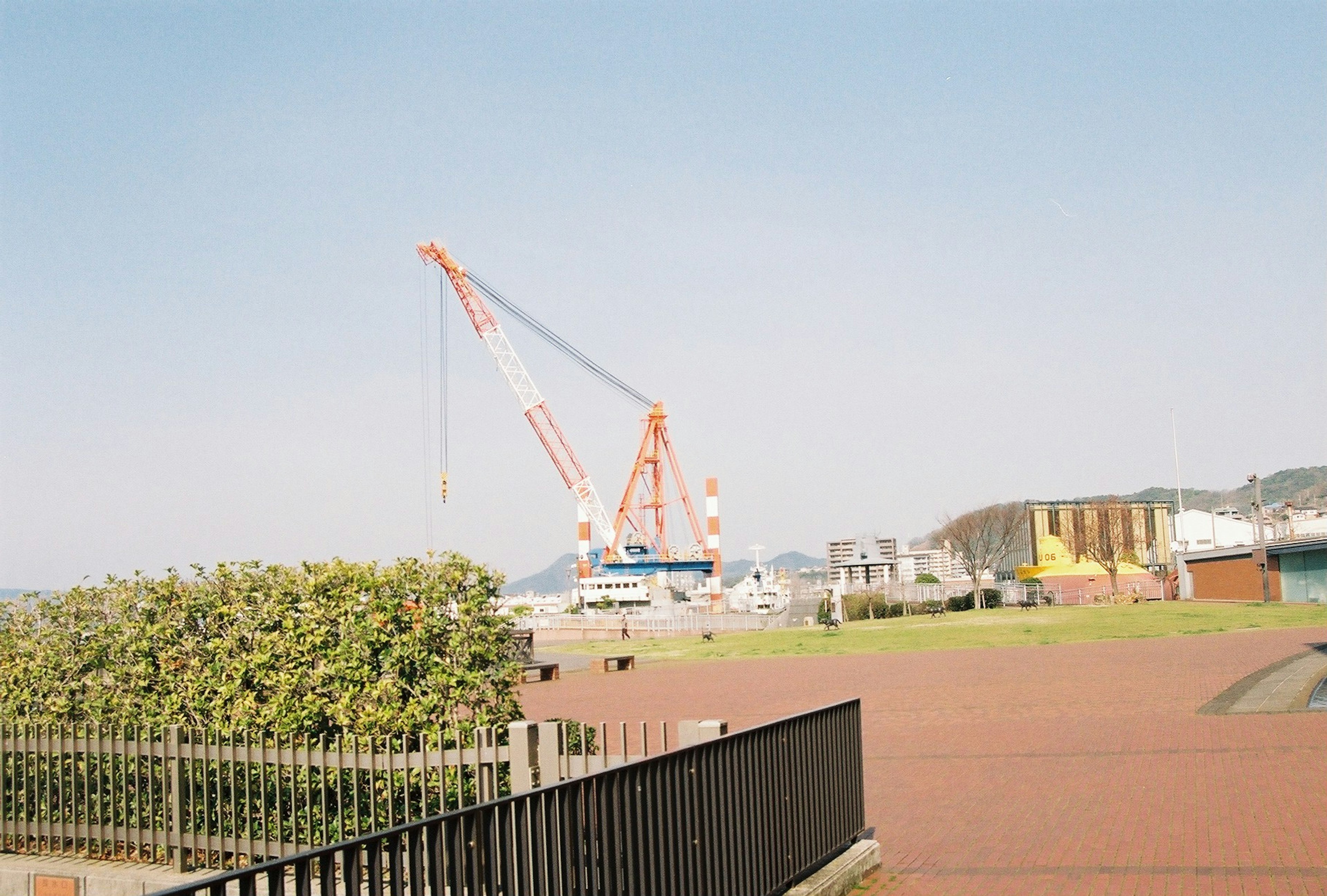 港のクレーンと青空の景色 緑の植栽と舗装された道