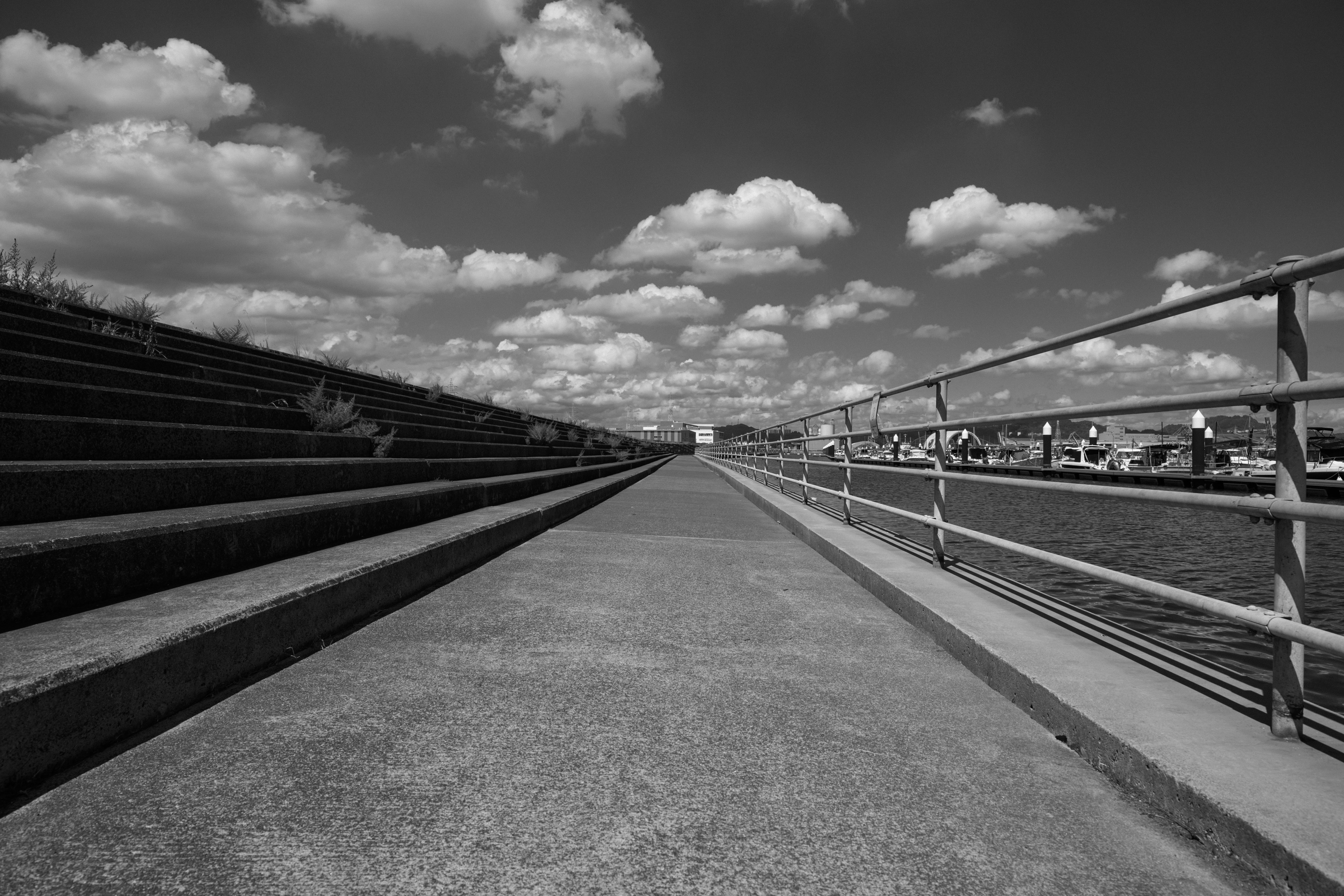 Wide walkway with concrete steps and railing under a cloudy sky