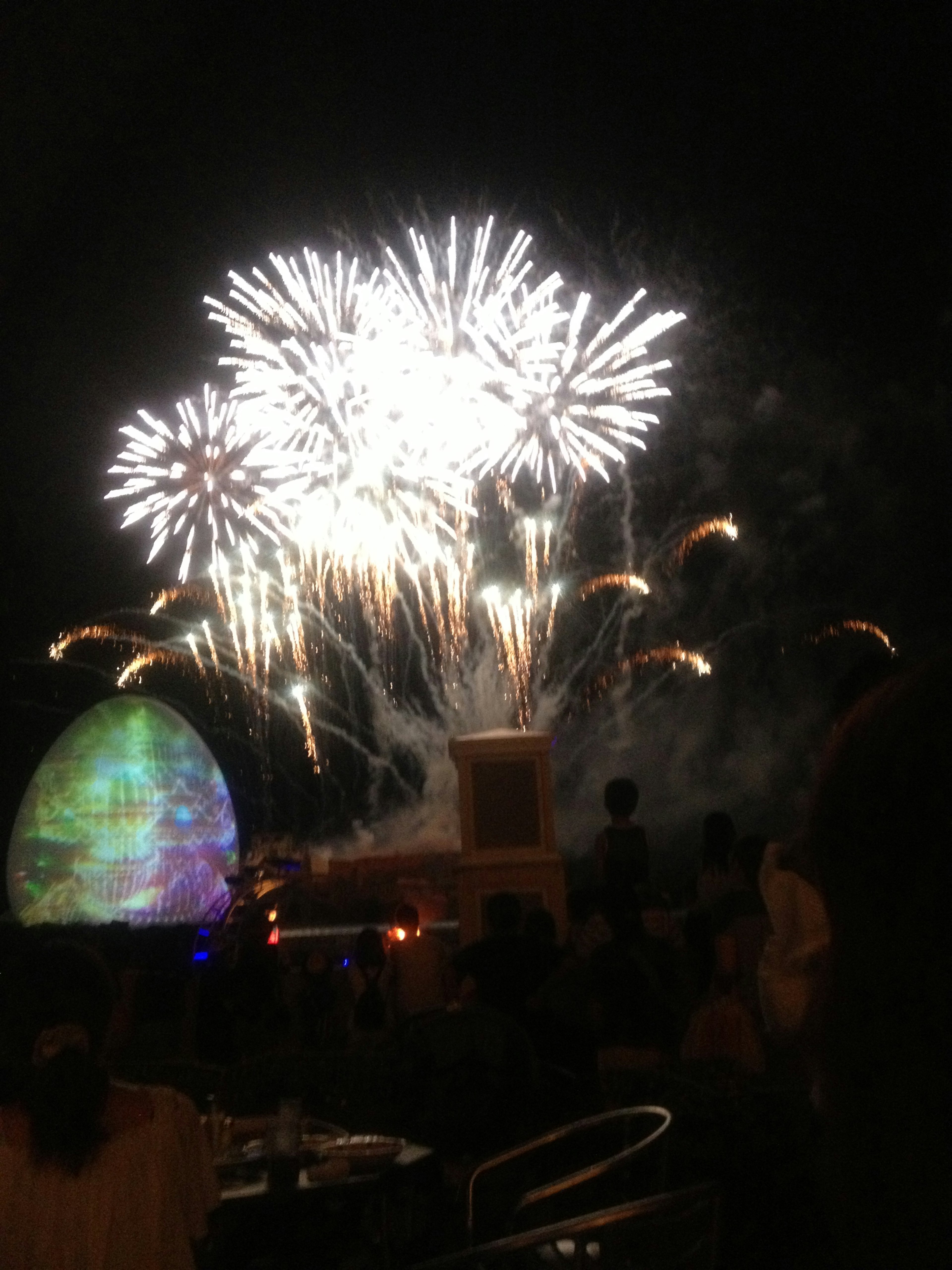 Fireworks lighting up the night sky with spectators watching