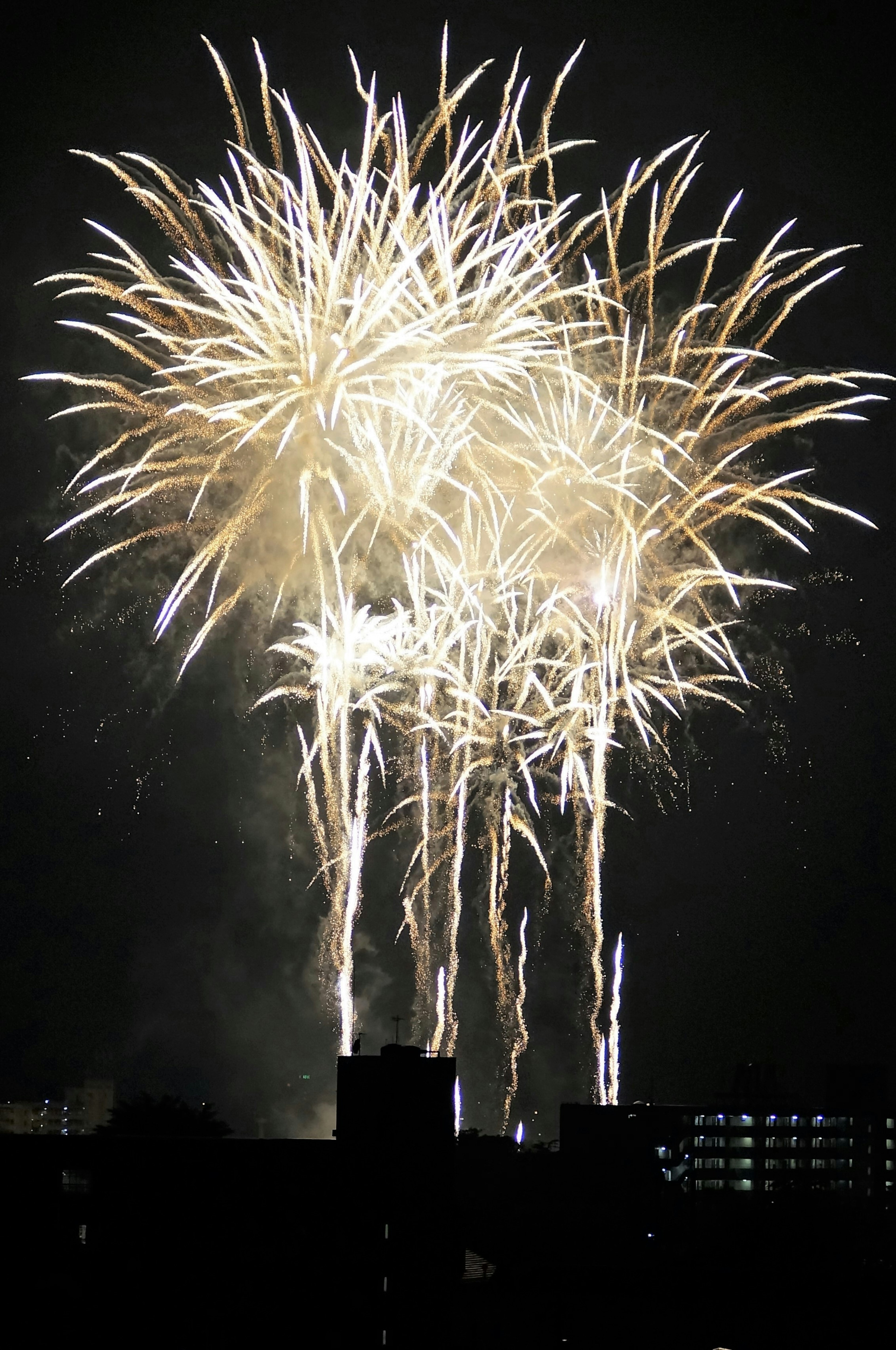 Eine Szene mit weißen Feuerwerken, die im Nachthimmel explodieren