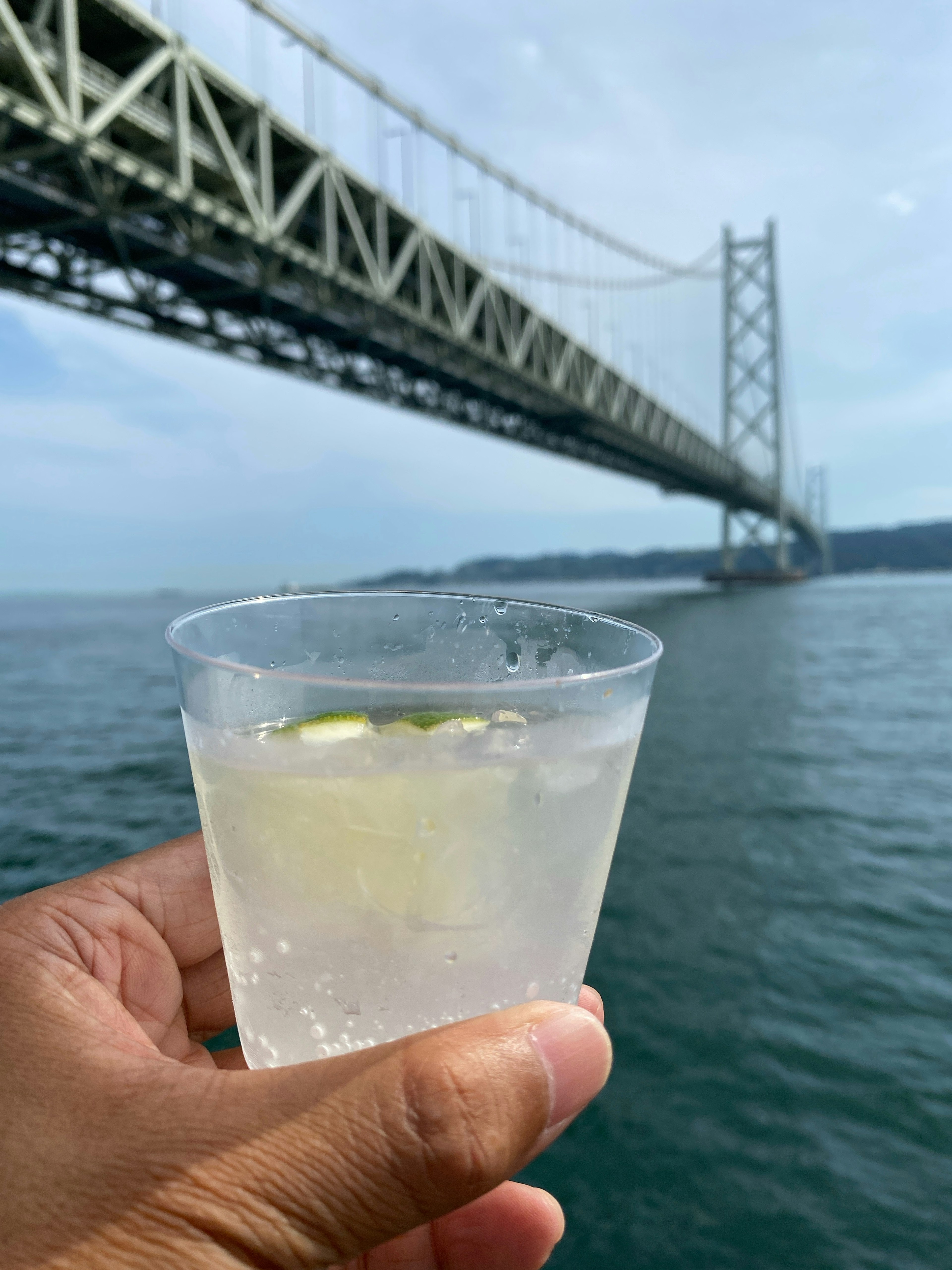 Eine Hand hält einen klaren Becher mit einem Getränk und einer Brücke im Hintergrund