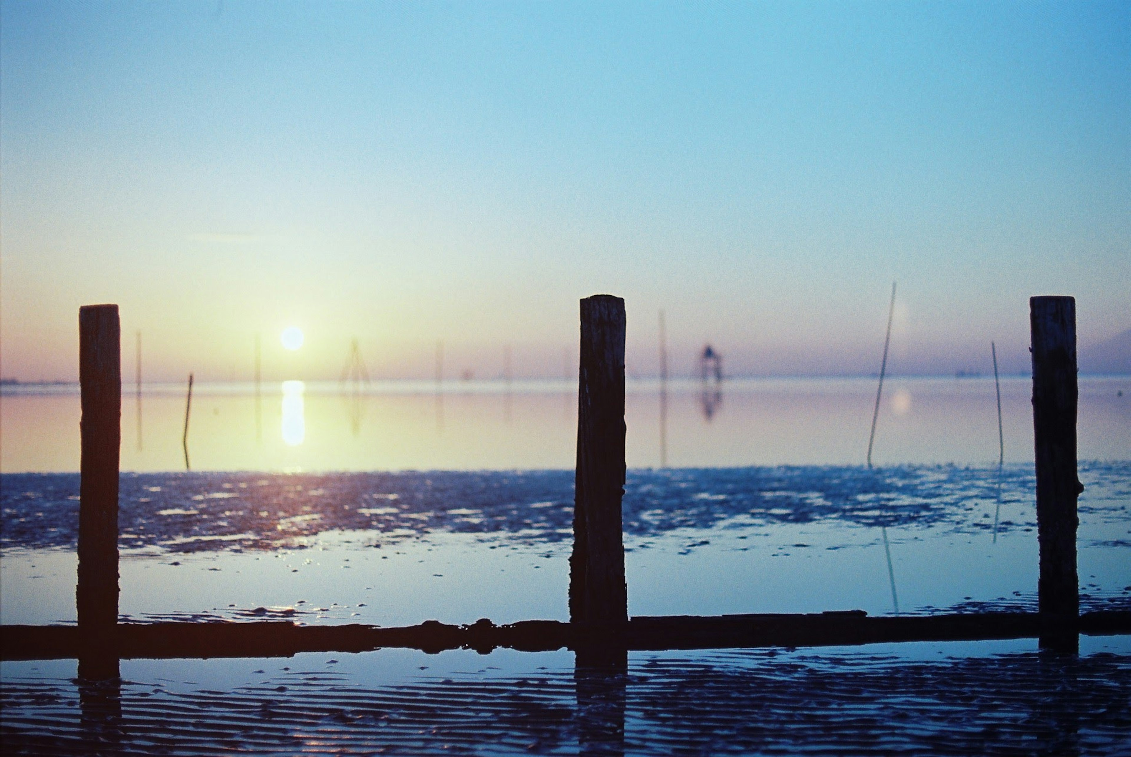 Serene landscape with wooden posts silhouetted against a sunset reflecting on calm waters