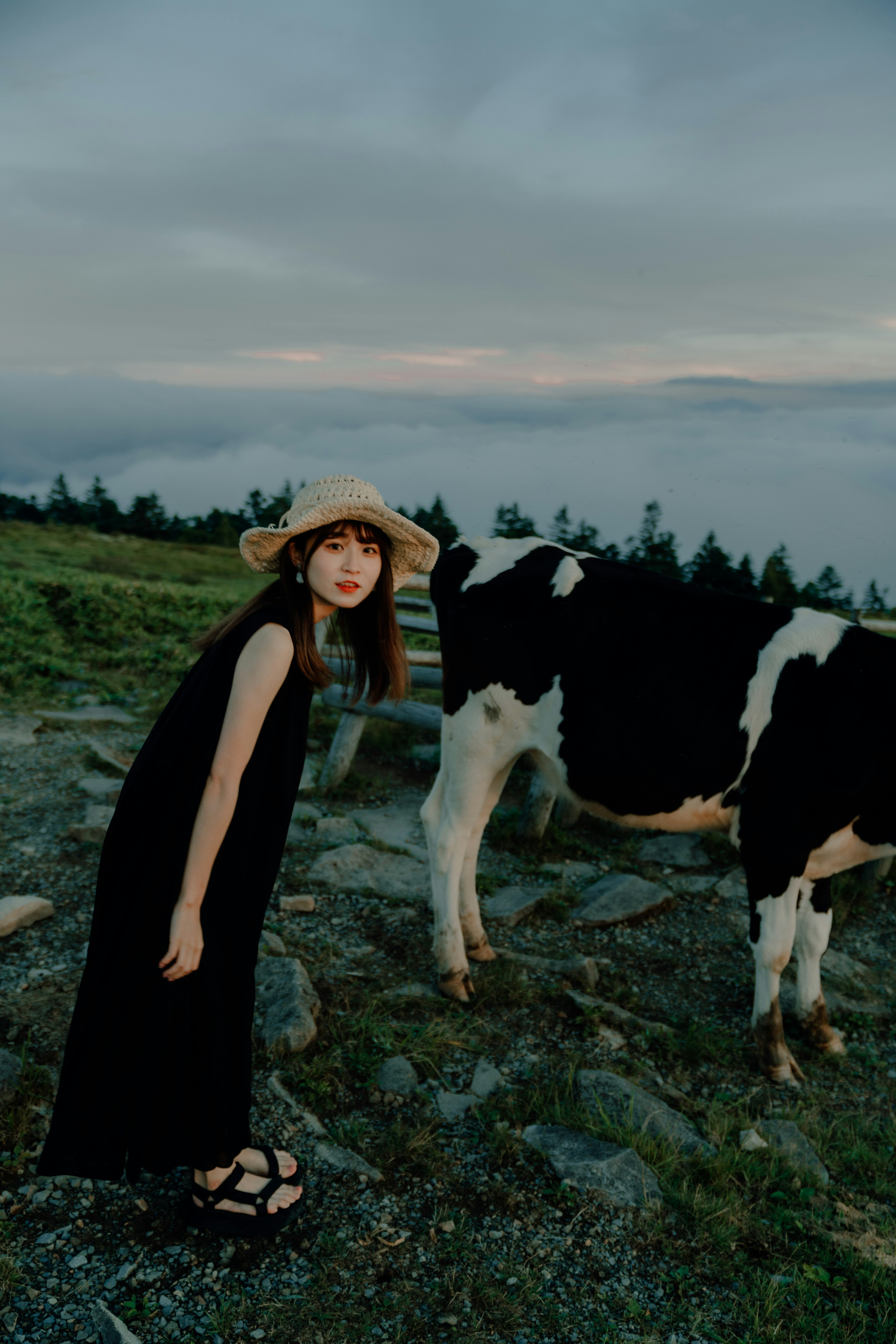 Une femme se tenant à côté d'une vache noire et blanche dans un paysage pittoresque