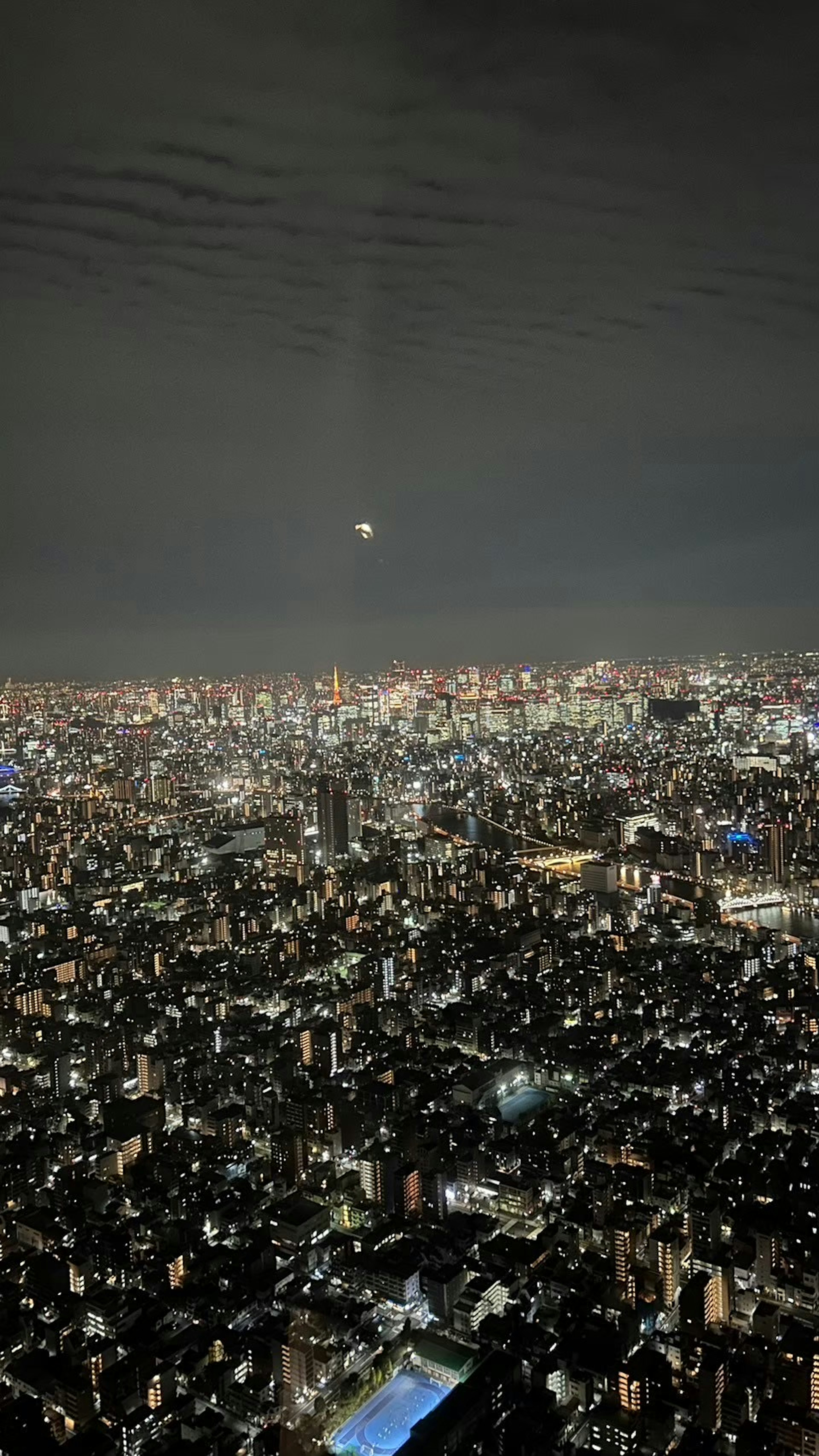 東京の夜景を見下ろす高層ビル群と月