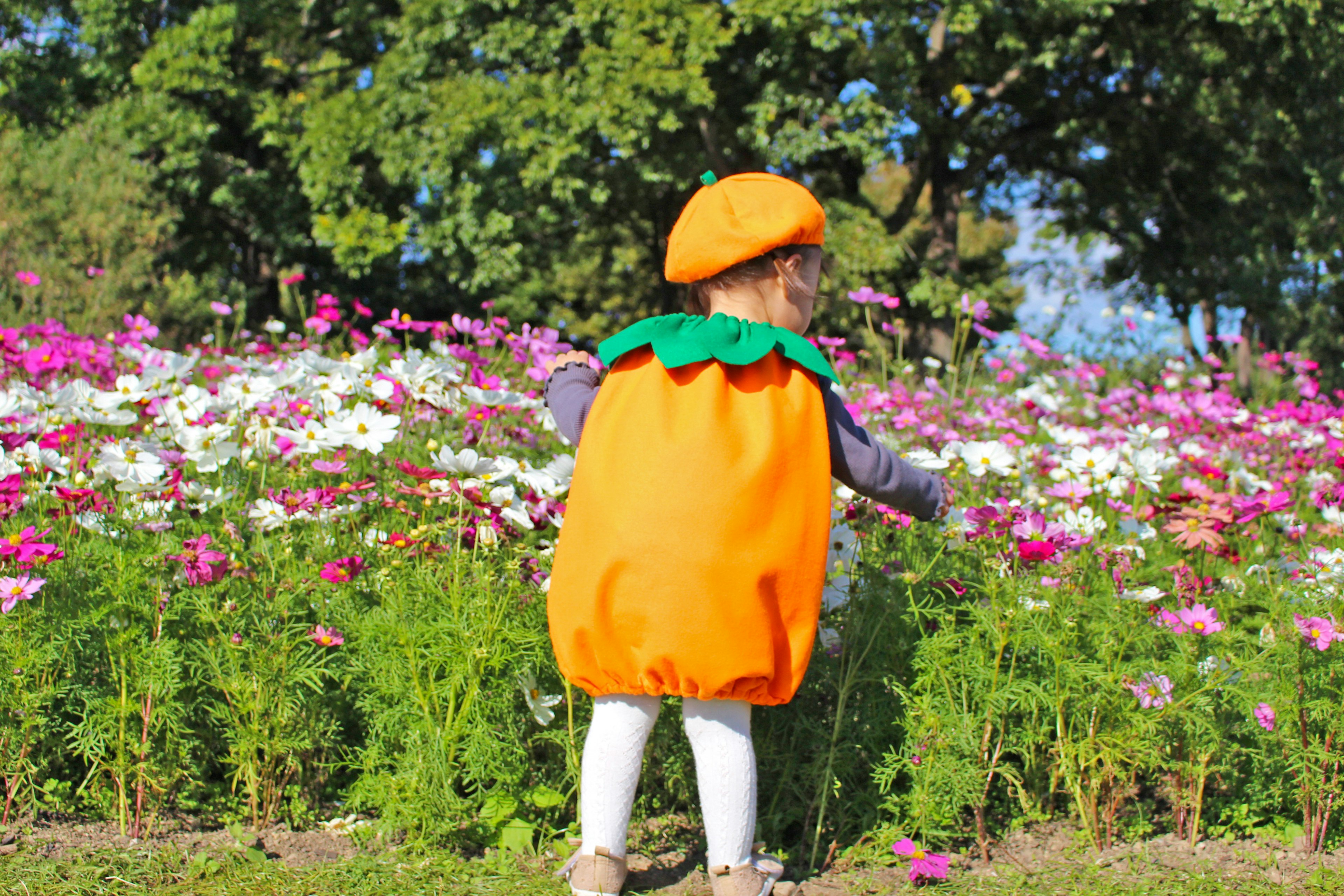 Kind im orangefarbenen Kürbiskostüm spielt zwischen bunten Blumen