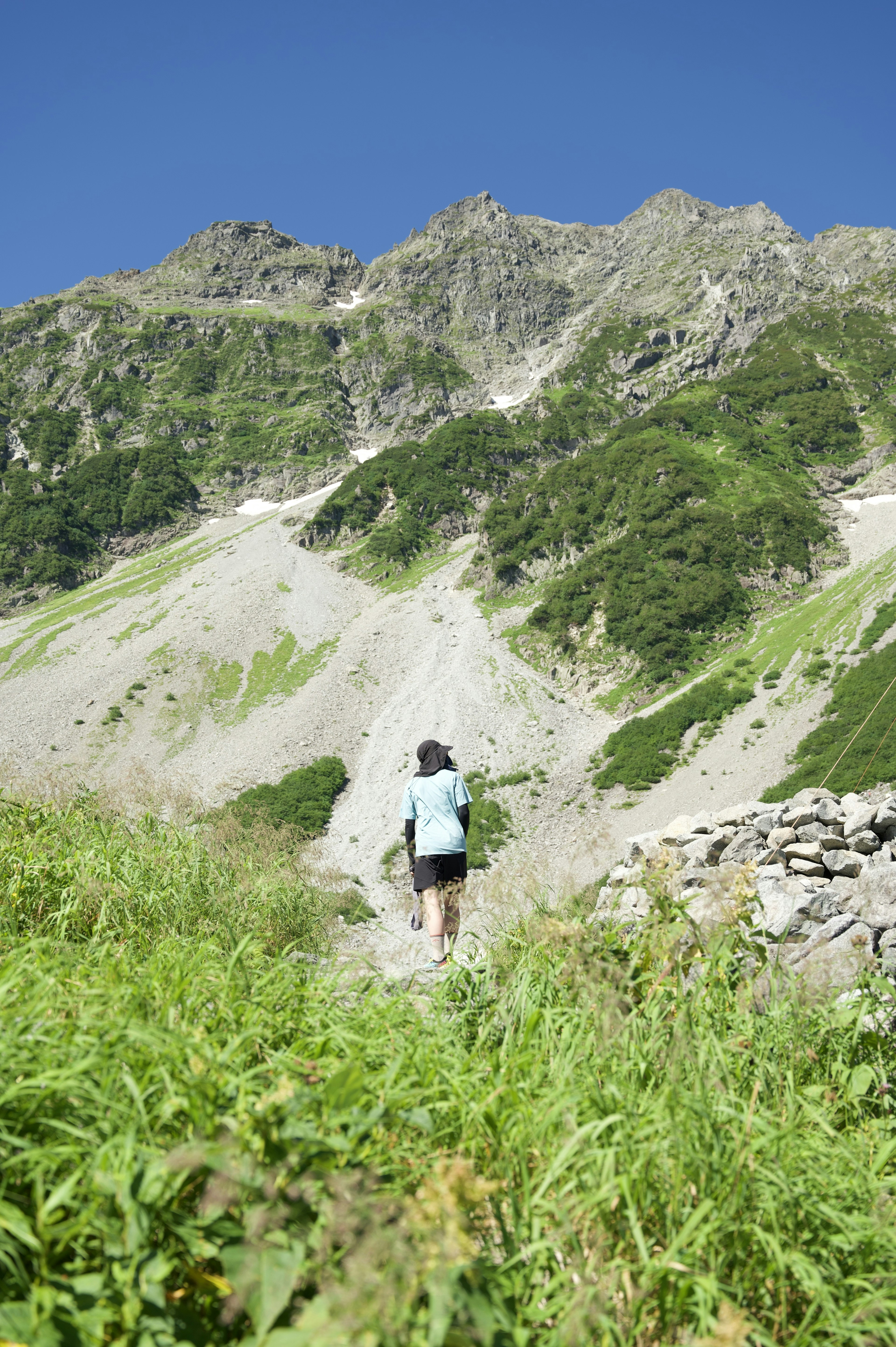 Person walking on green grass with a mountain background