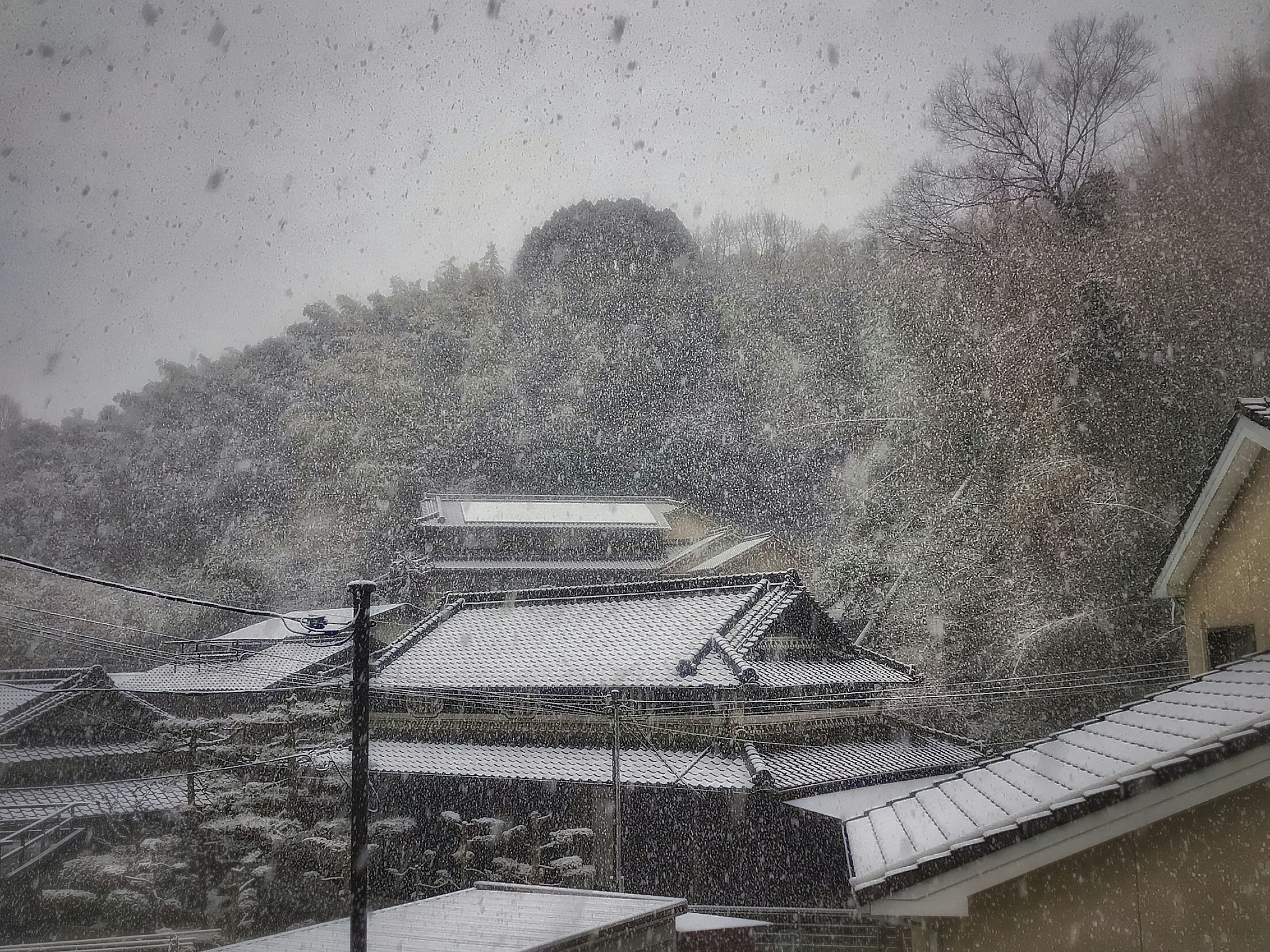 Traditional Japanese houses covered in snow with a mountainous background