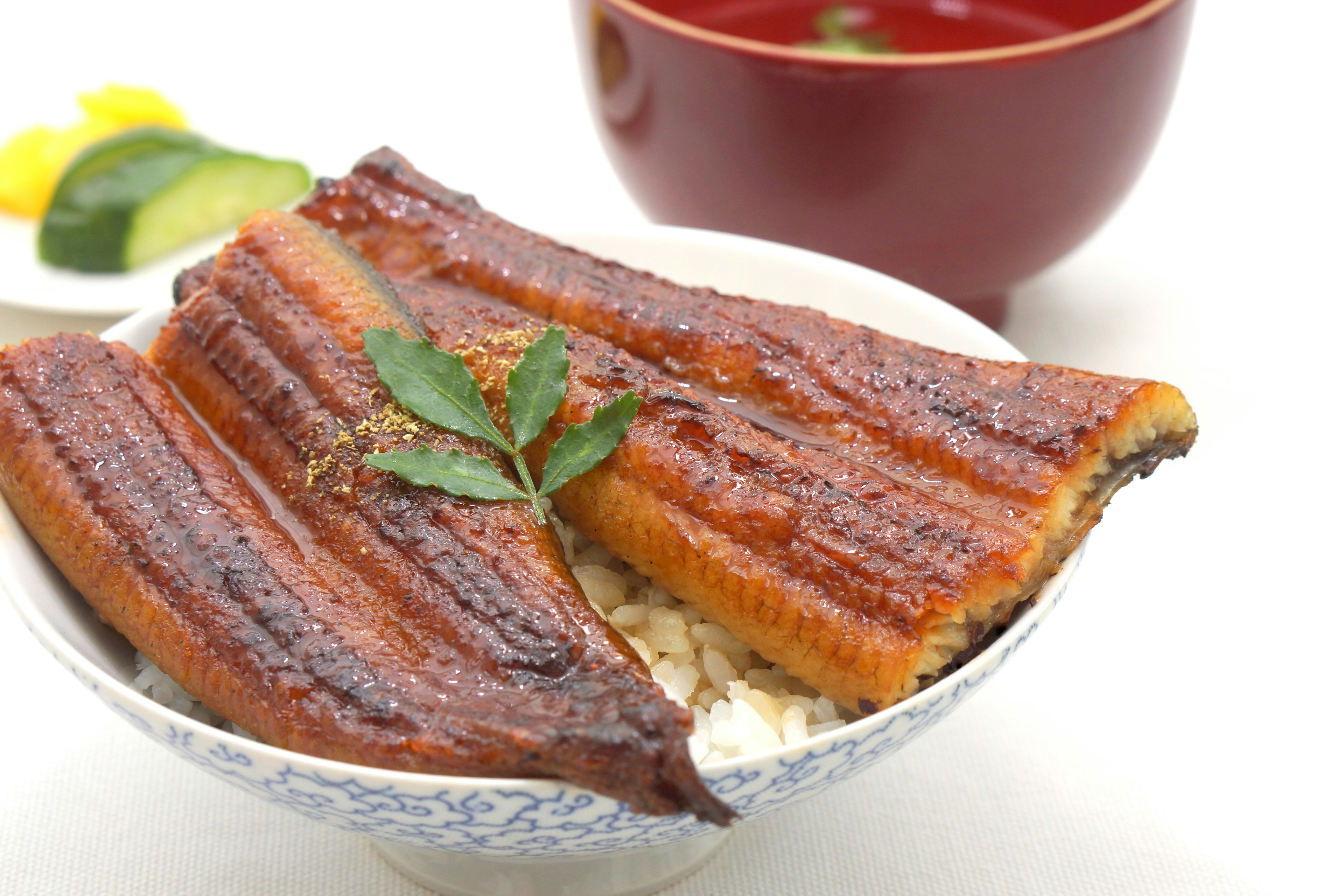 Anguila a la parrilla sobre arroz adornada con hojas verdes