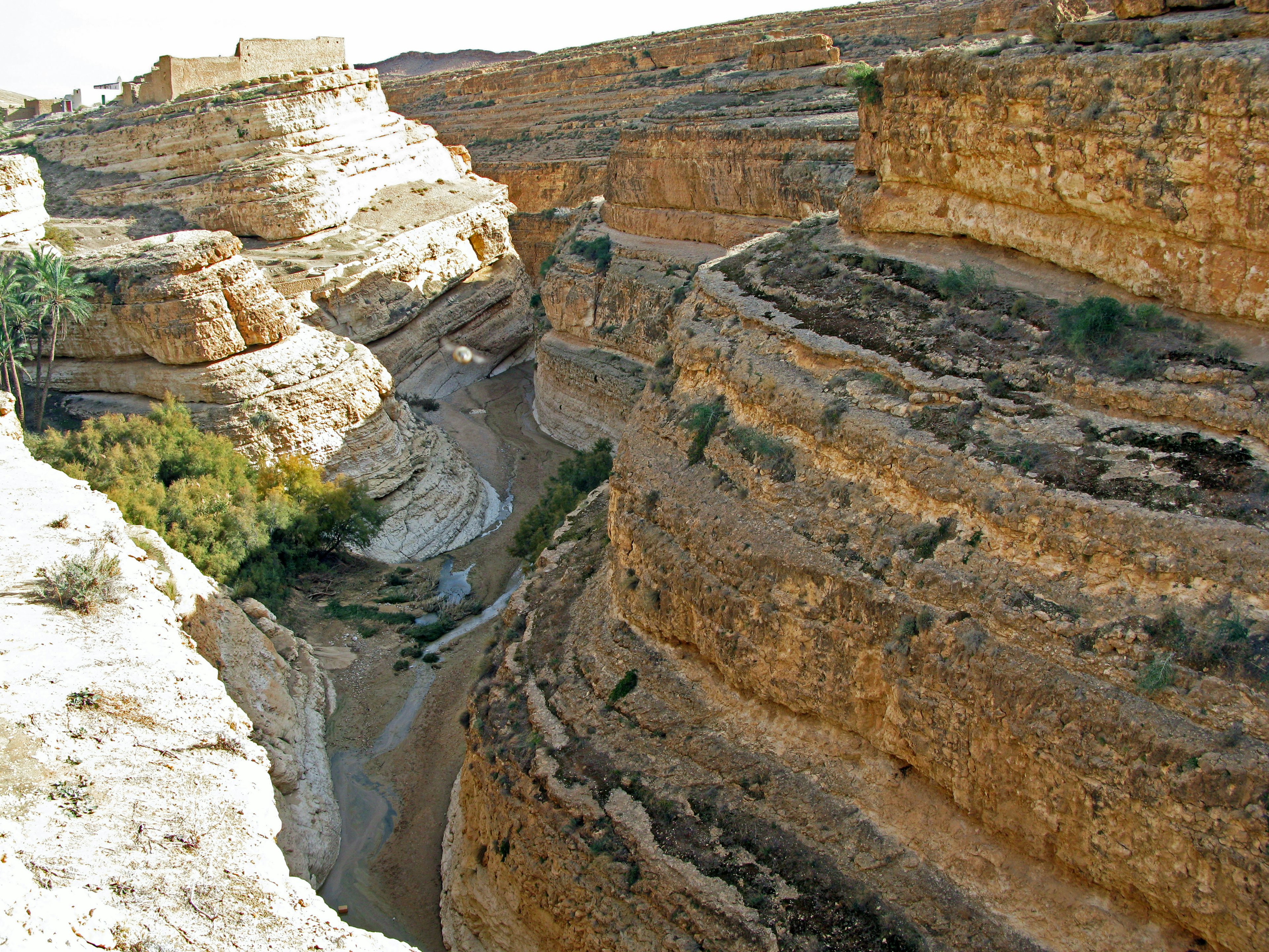 Vista panoramica di un canyon con formazioni rocciose a strati