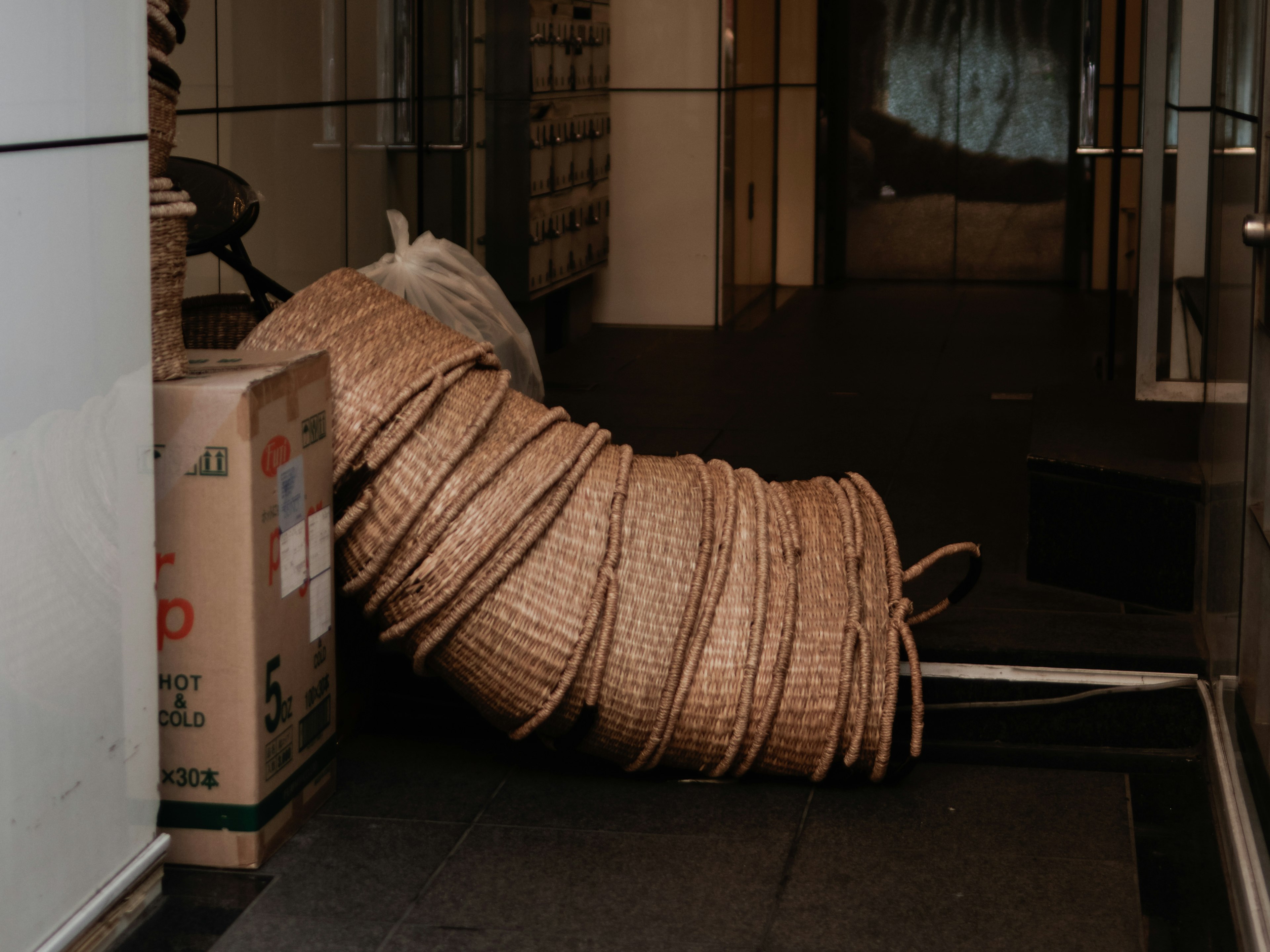 Woven baskets and cardboard box stacked in a hallway