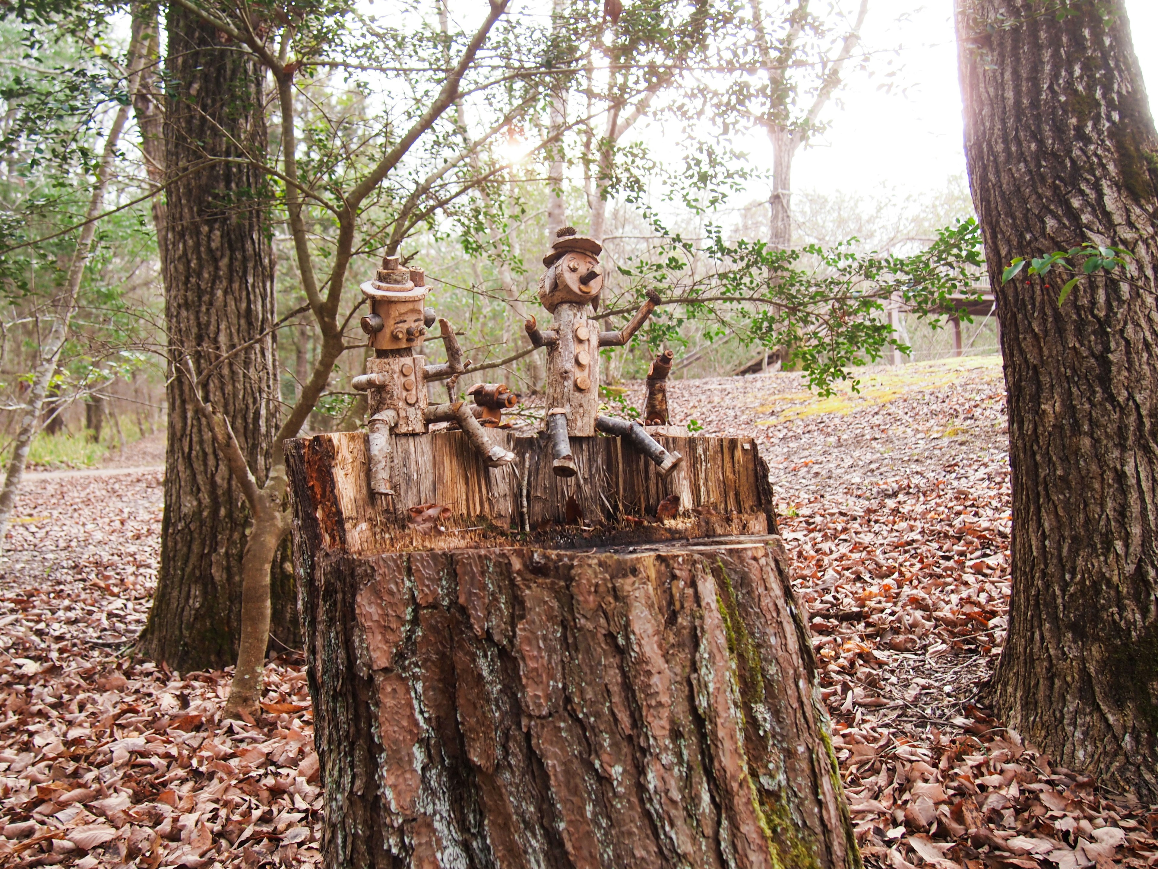 Wooden figurines sitting on a tree stump in a forest setting