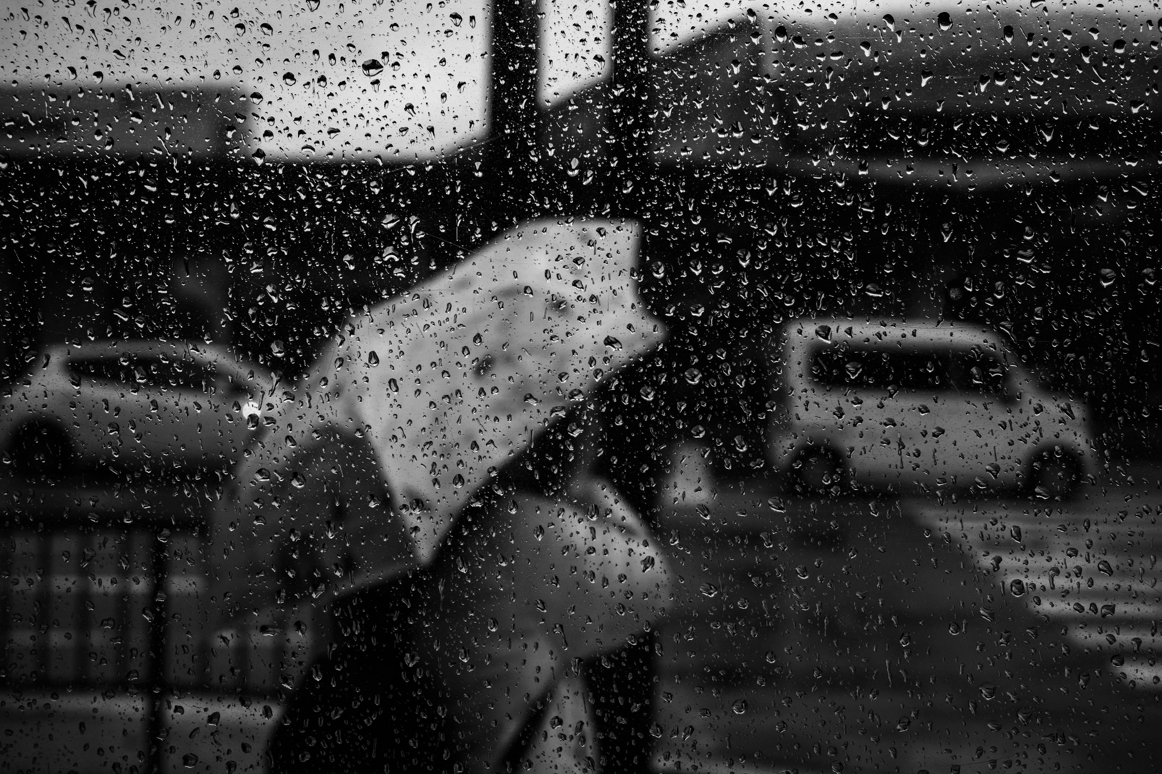 Person holding an umbrella in the rain with blurred car silhouettes