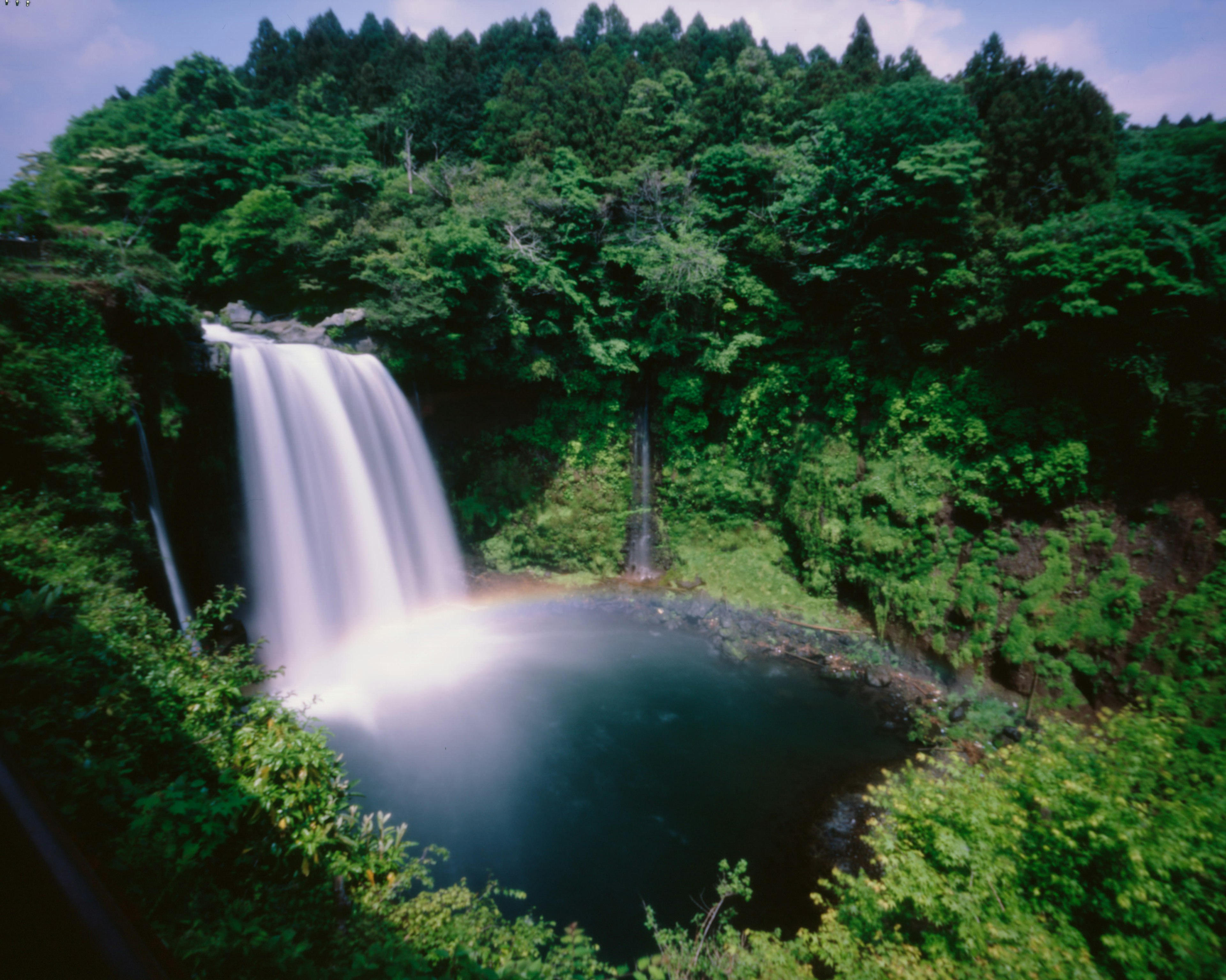 Hermosa cascada rodeada de un bosque verde