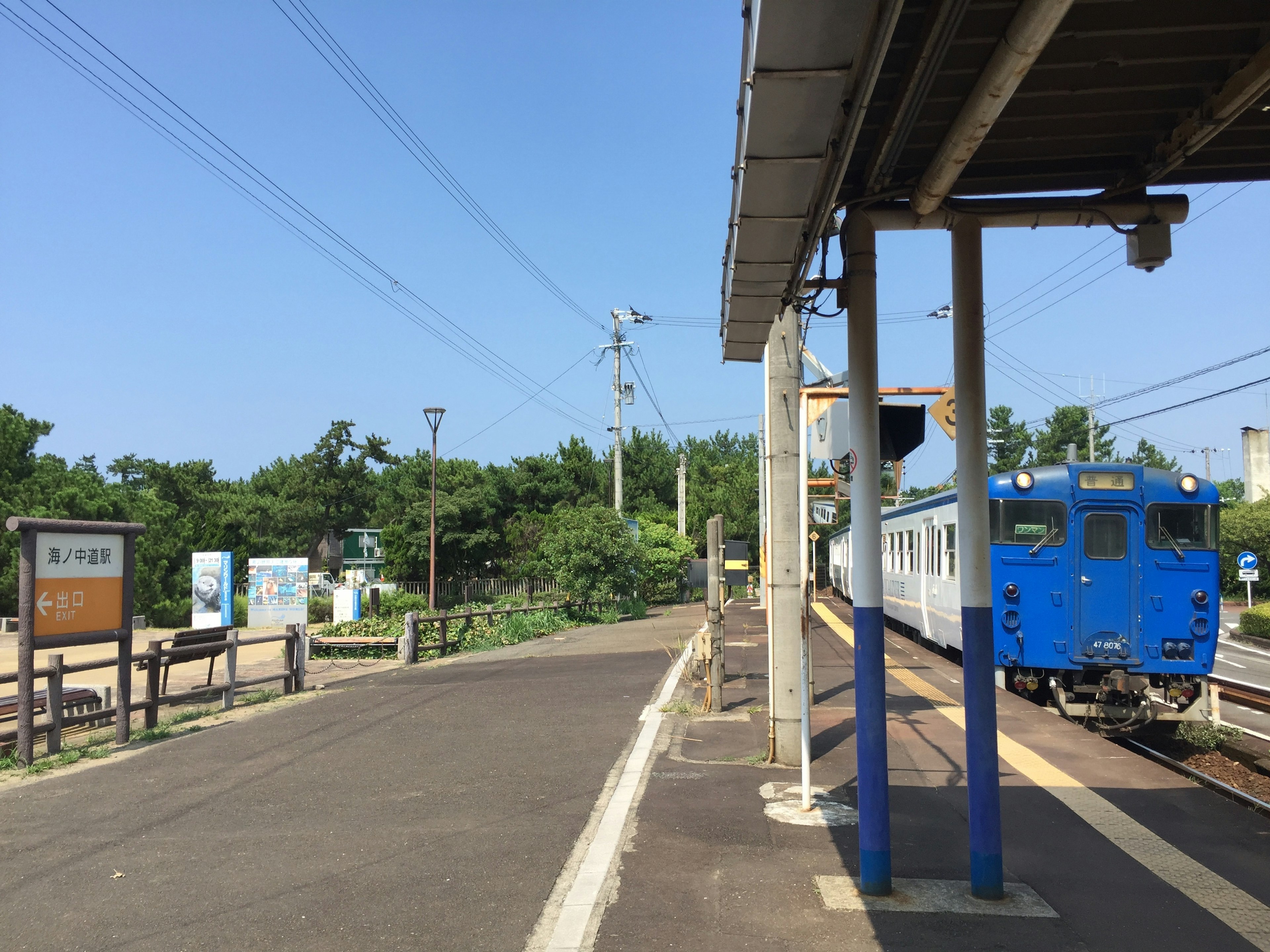 View of a train station with a blue train arriving Various signs and green trees visible