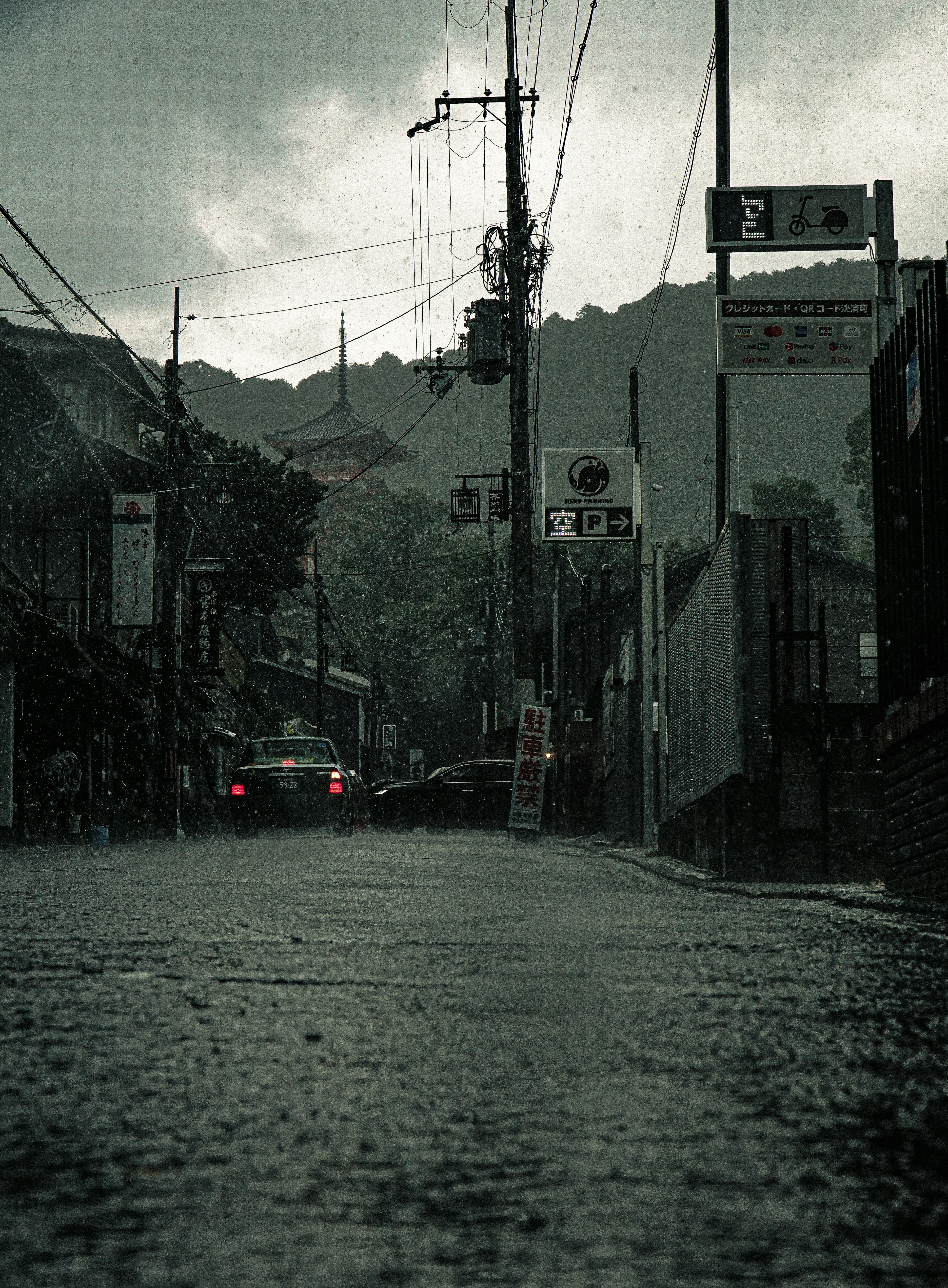 雨の降る街角の風景 低い視点からの道路の水たまりと暗い空