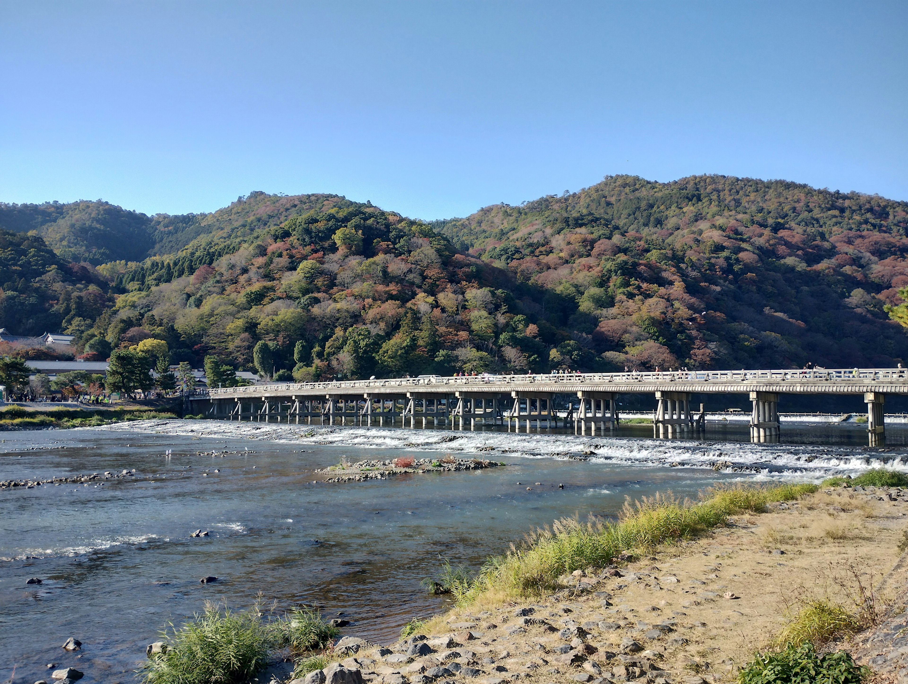 Scenic view of a river with a bridge surrounded by mountains