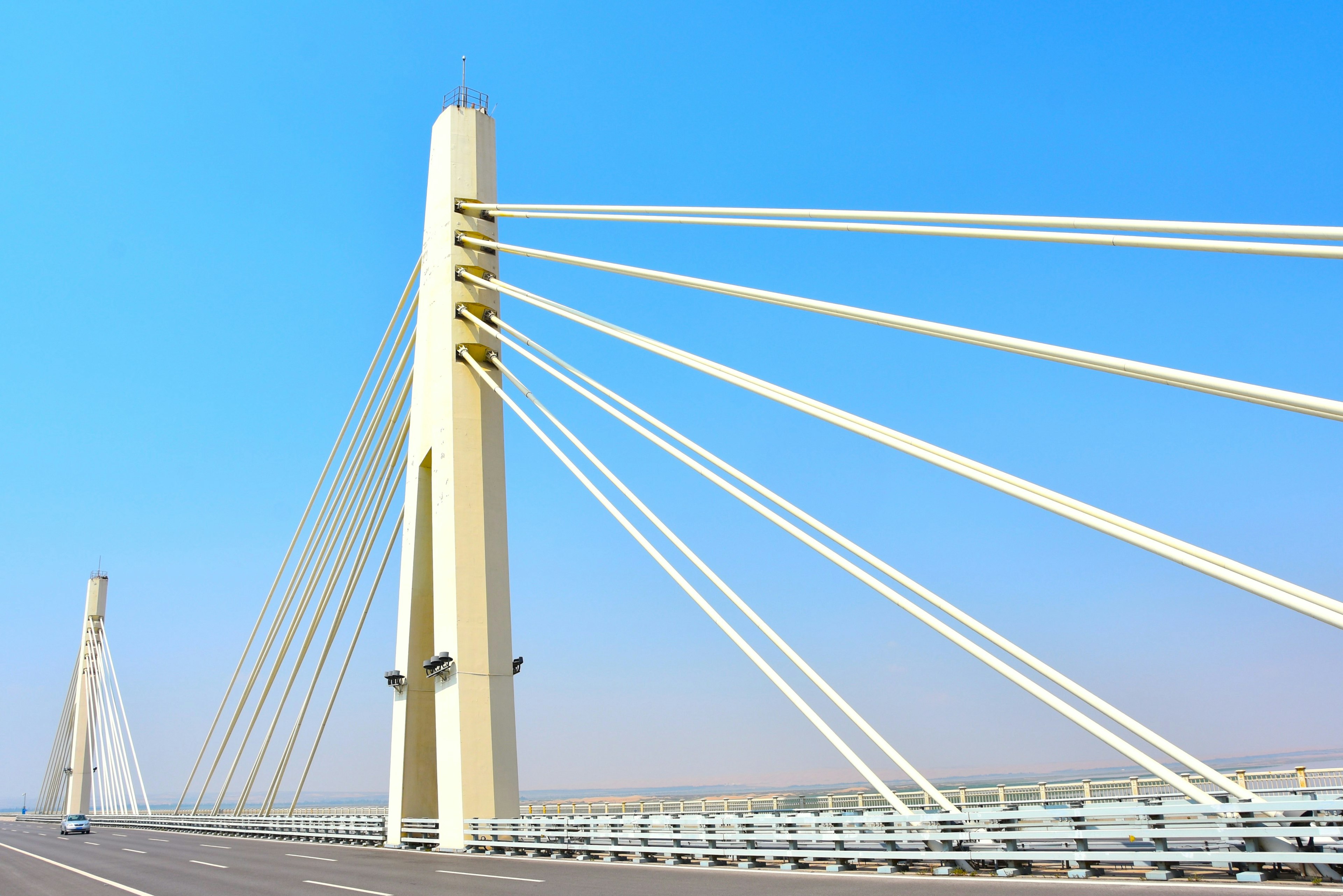 Un puente moderno con cables blancos contra un cielo azul