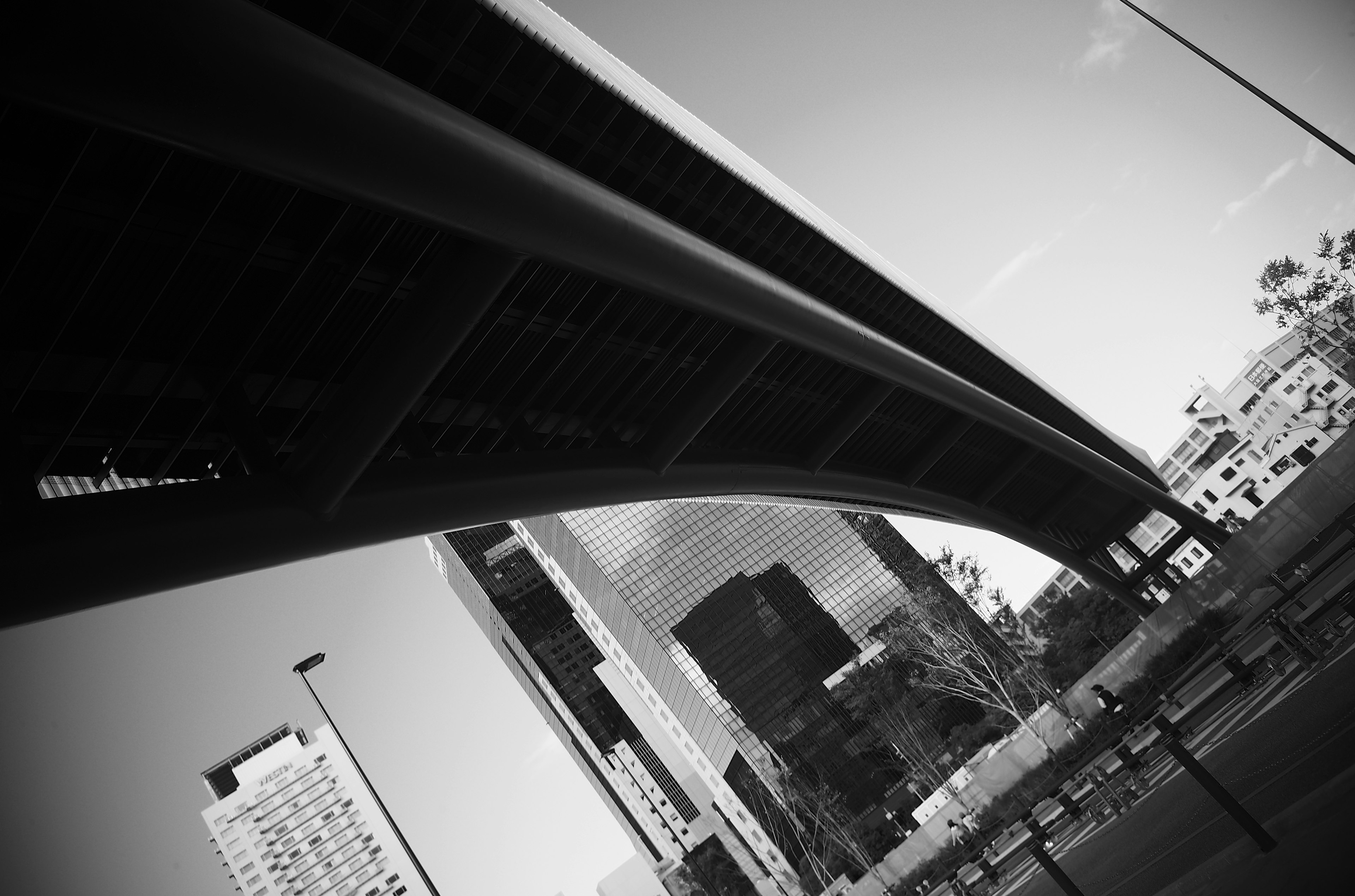 Monochromes Stadtbild mit einer Brücke und Wolkenkratzern