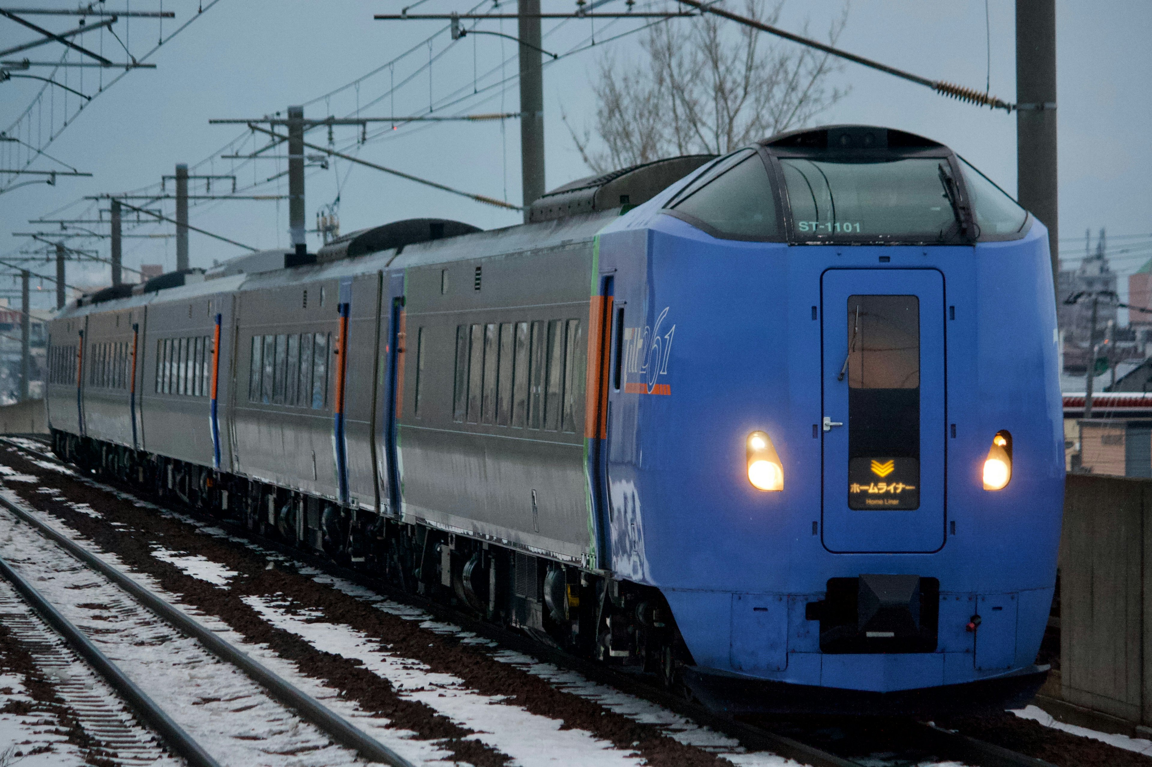 Train express bleu arrêté sur des rails enneigés