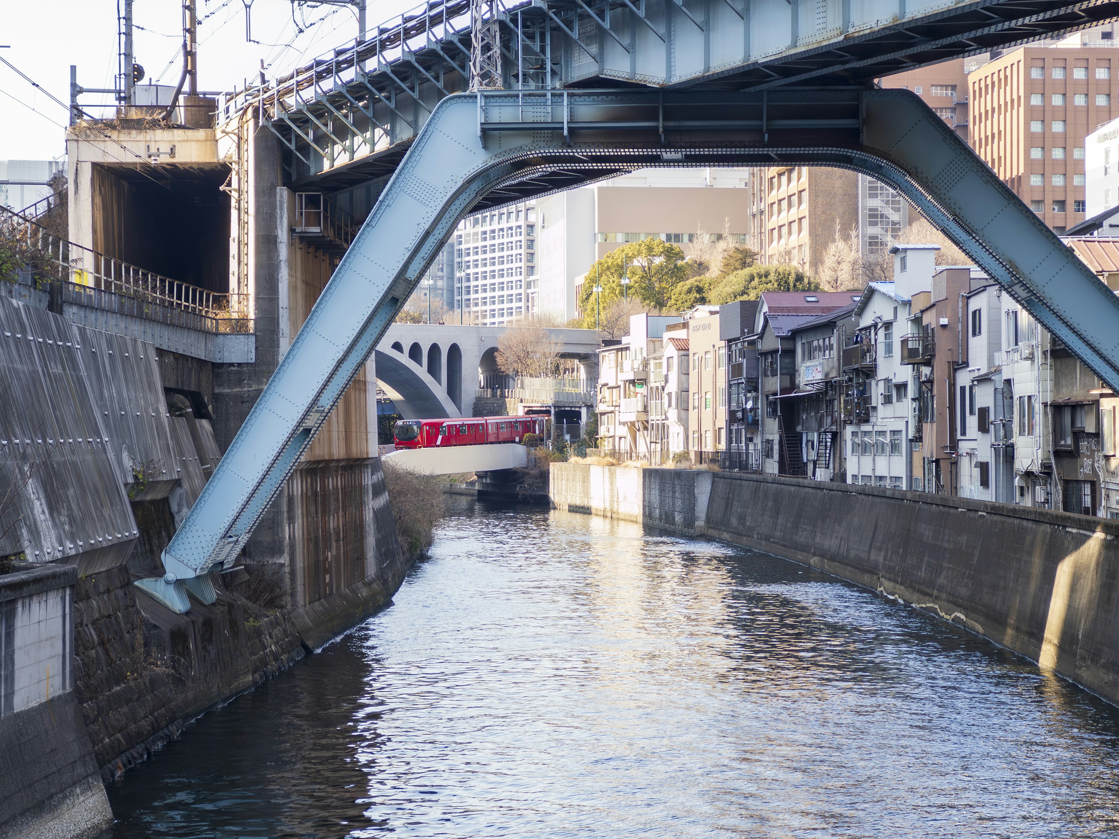 青い橋の下を流れる川と周囲の建物