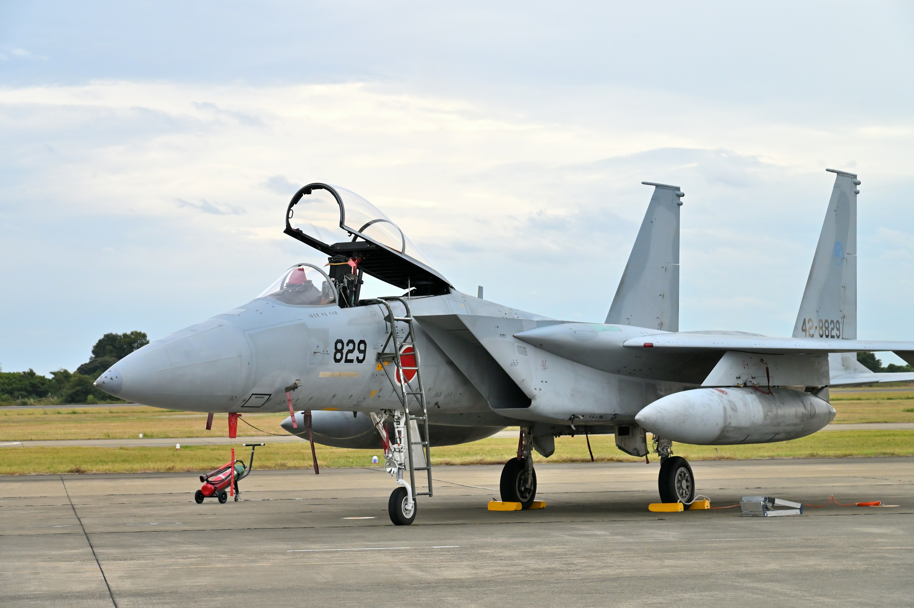 Caza F-15 estacionado en la pista