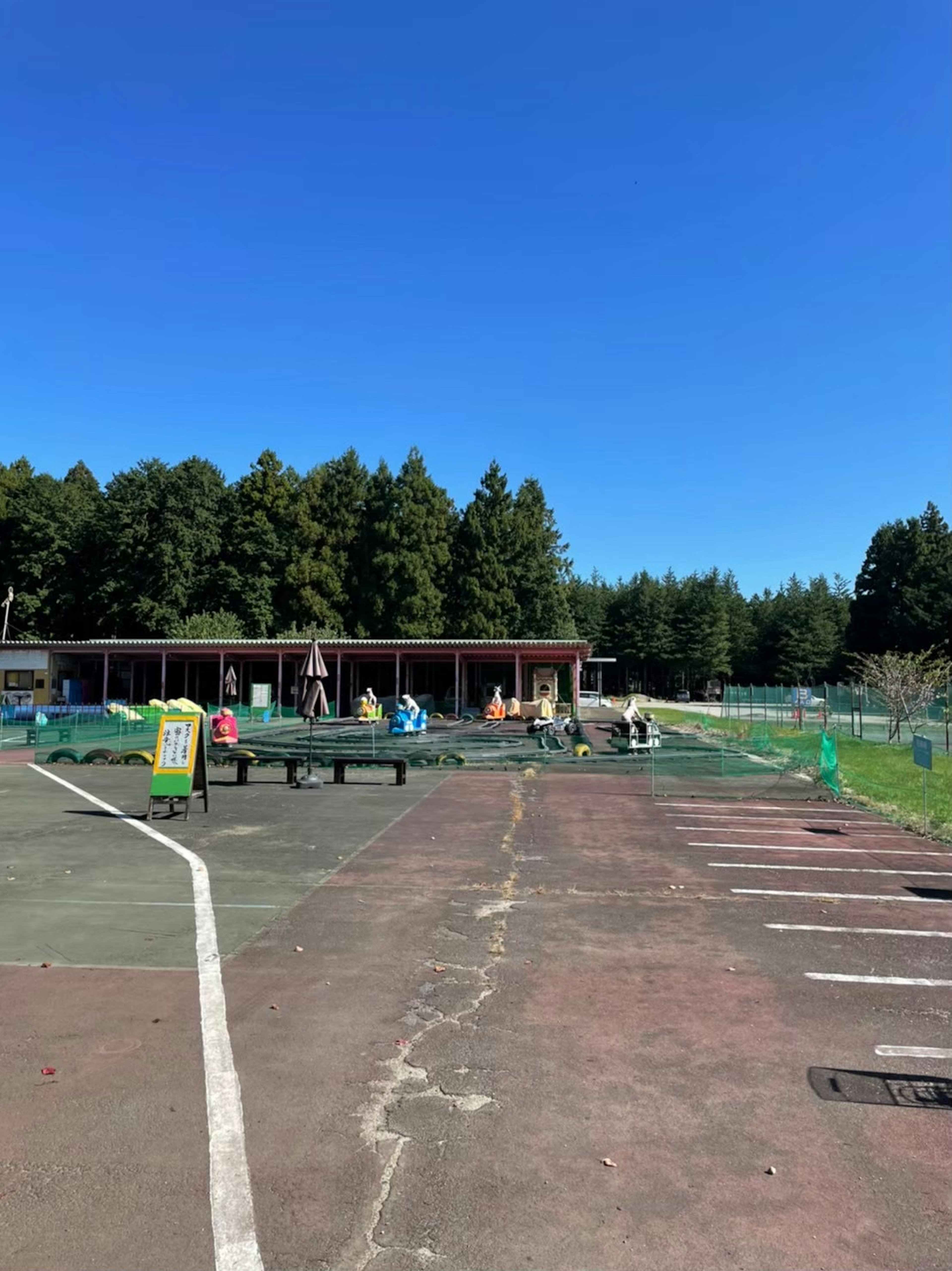 青空の下にある公園の遊び場 子供たちが遊んでいる様子 周囲には緑の木々