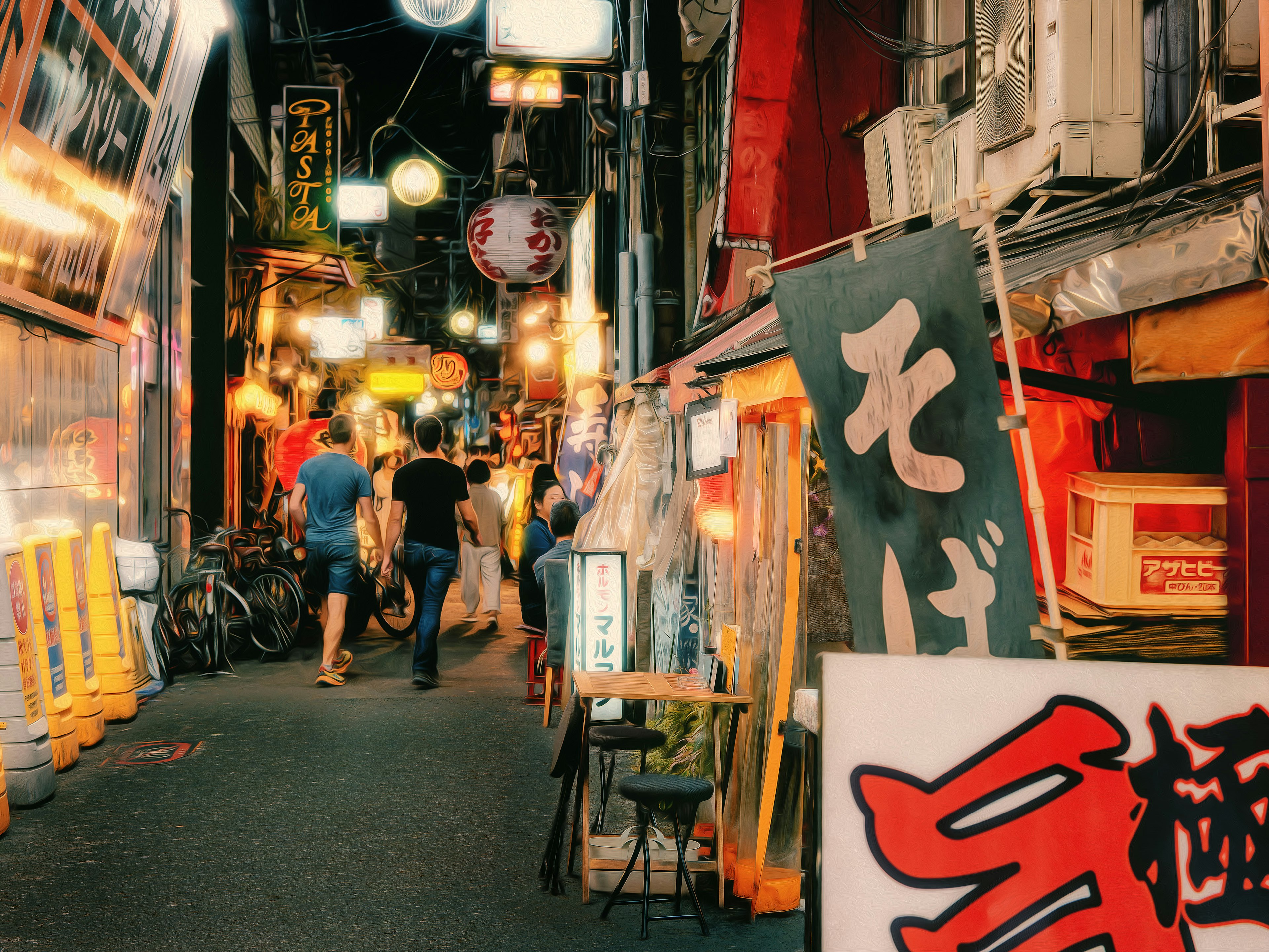 明るいネオンの看板が並ぶ狭い路地の夜景人々が歩いている様子