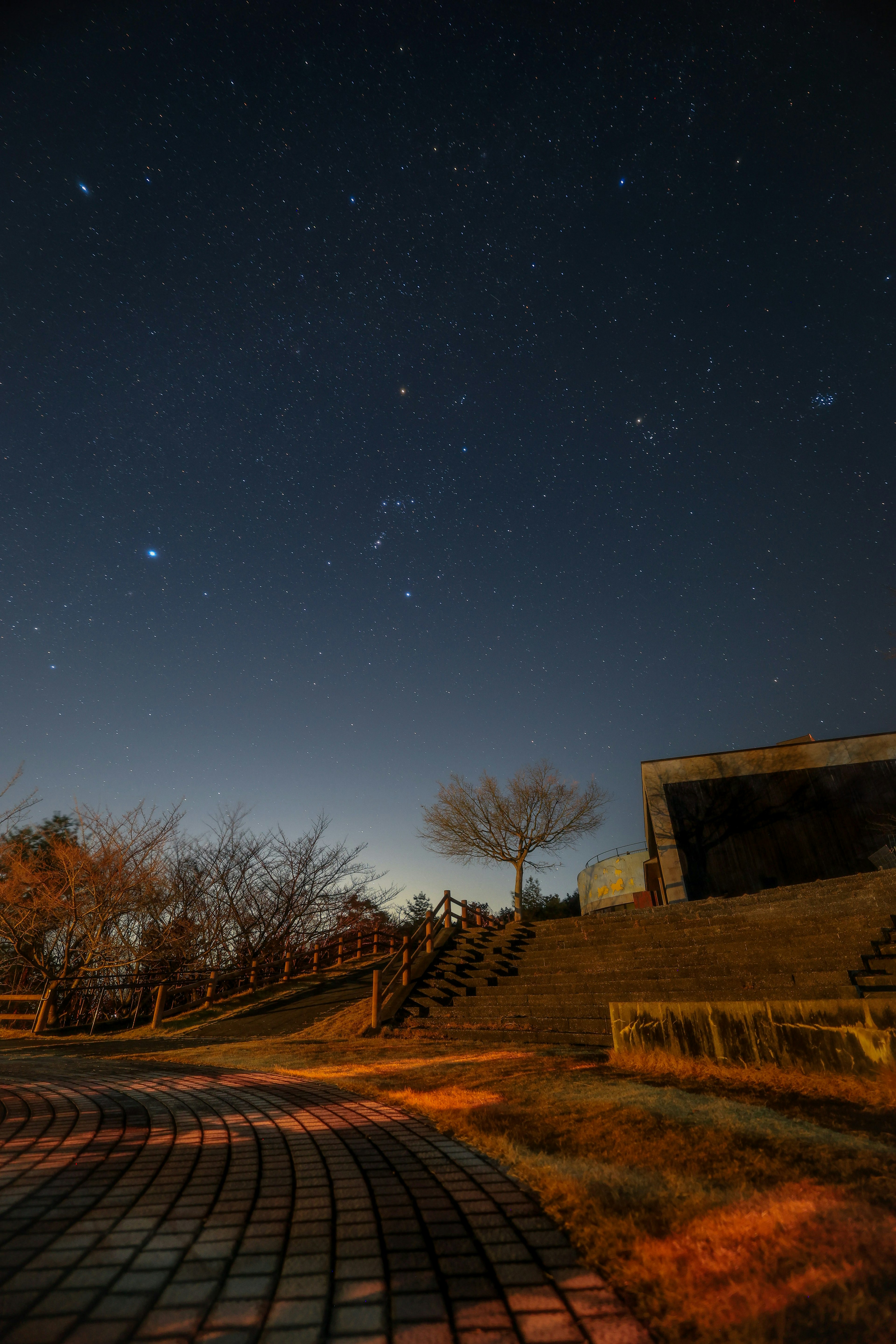 夜空に広がる星々と階段の風景