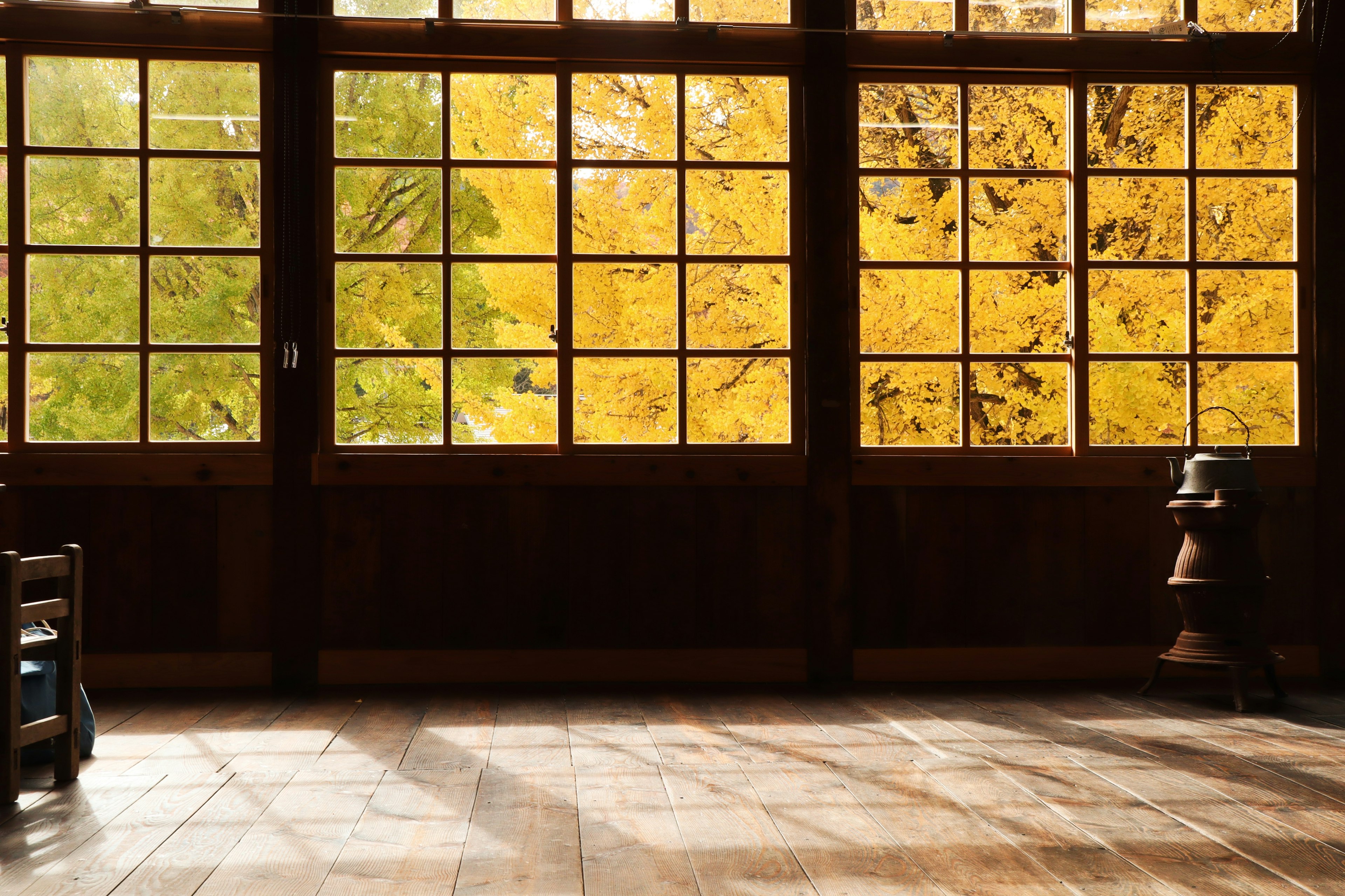 Habitación de madera con grandes ventanas que muestran árboles de otoño