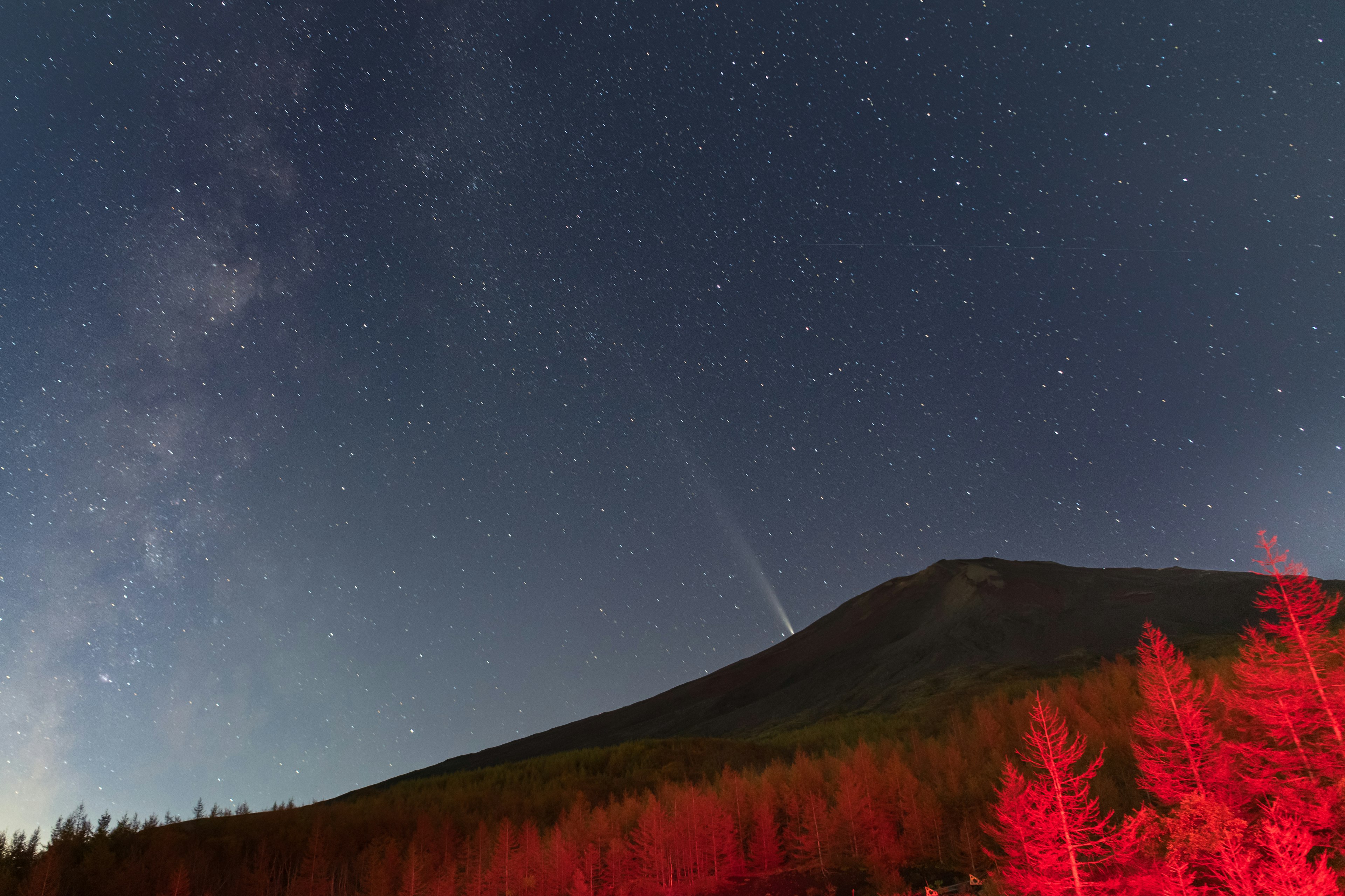 Monte Fuji sotto un cielo stellato con alberi rossi