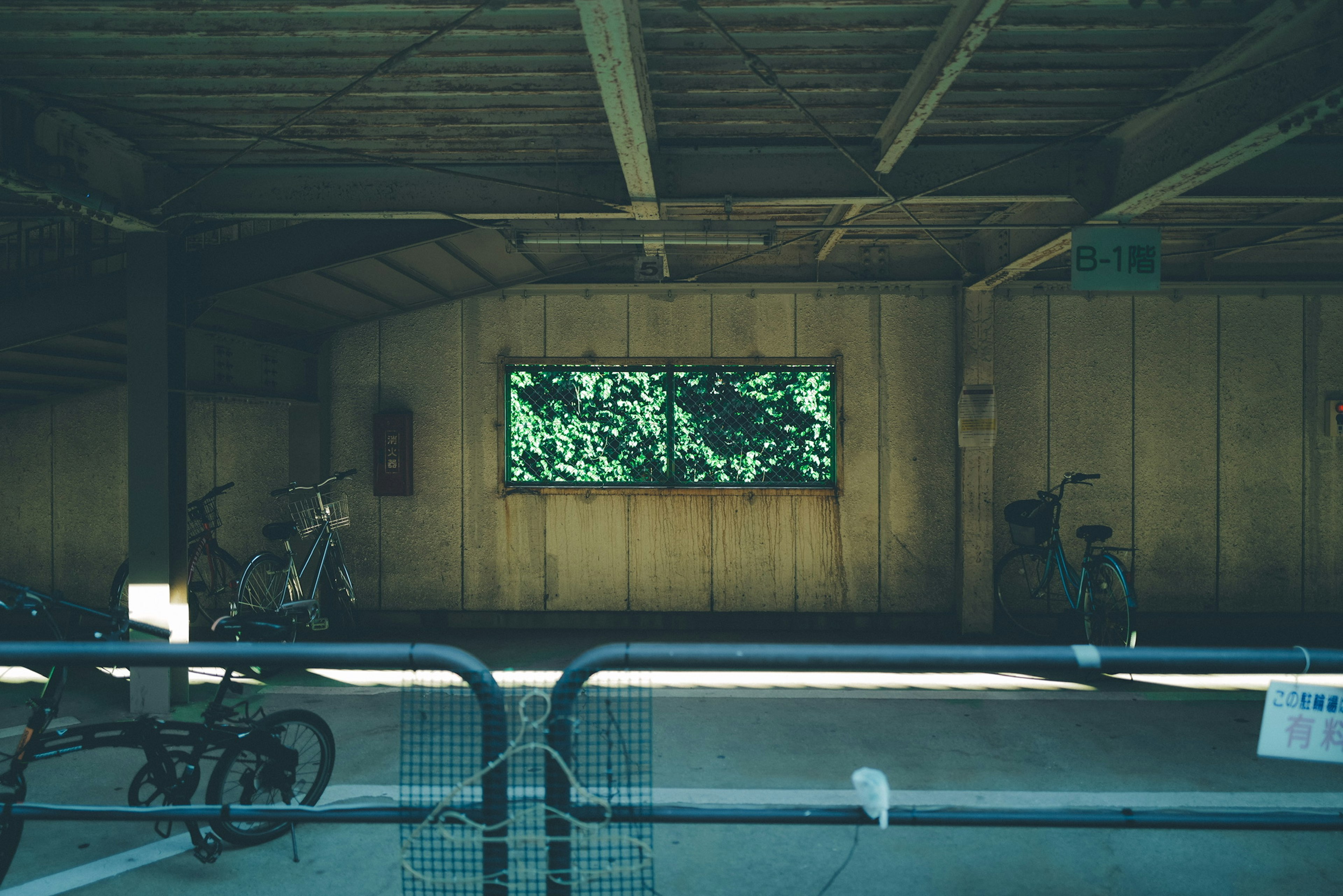 Interior de un garaje de madera con bicicletas y una ventana verde