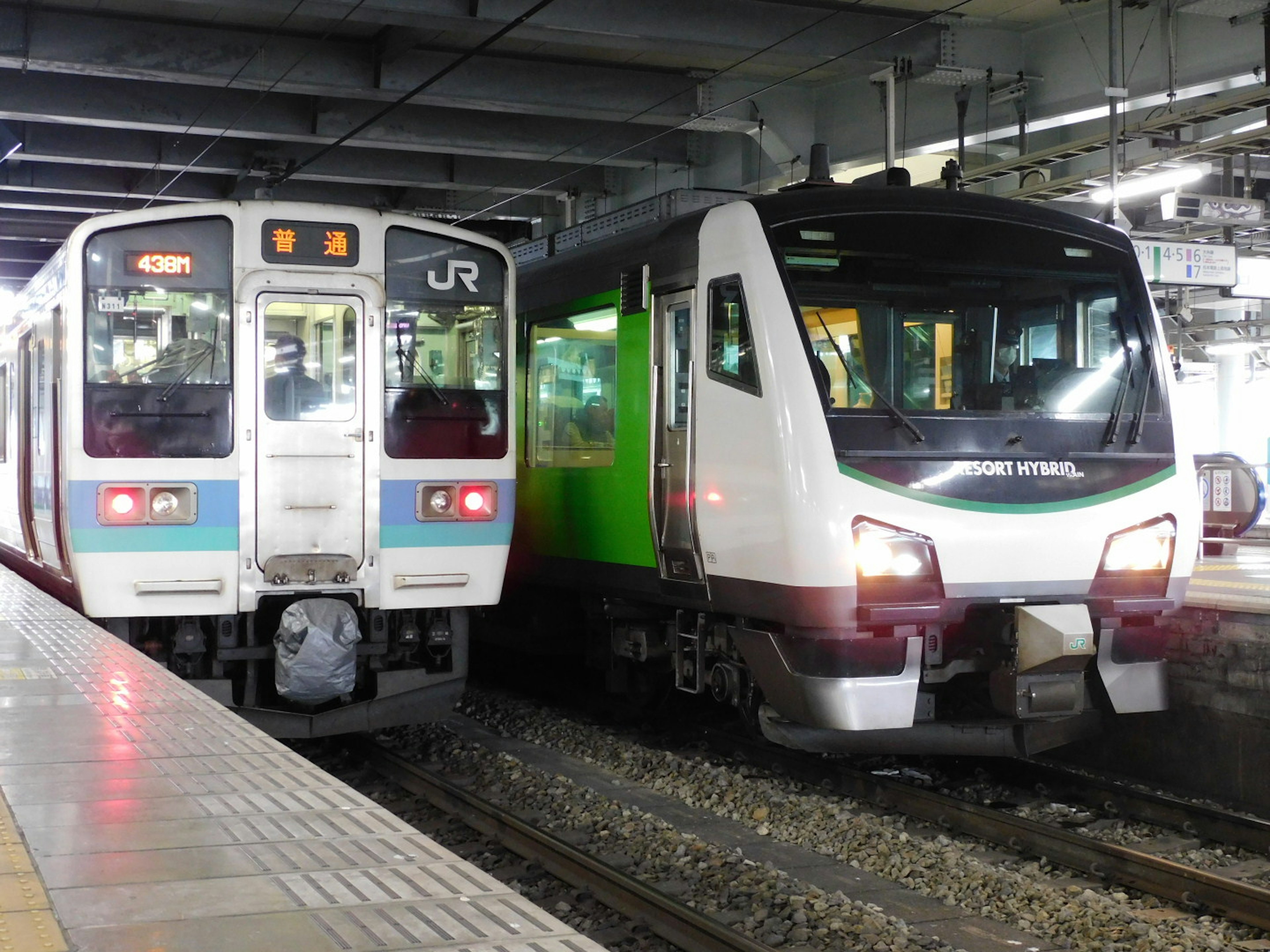 2台の列車が駅で並んでいるシーン