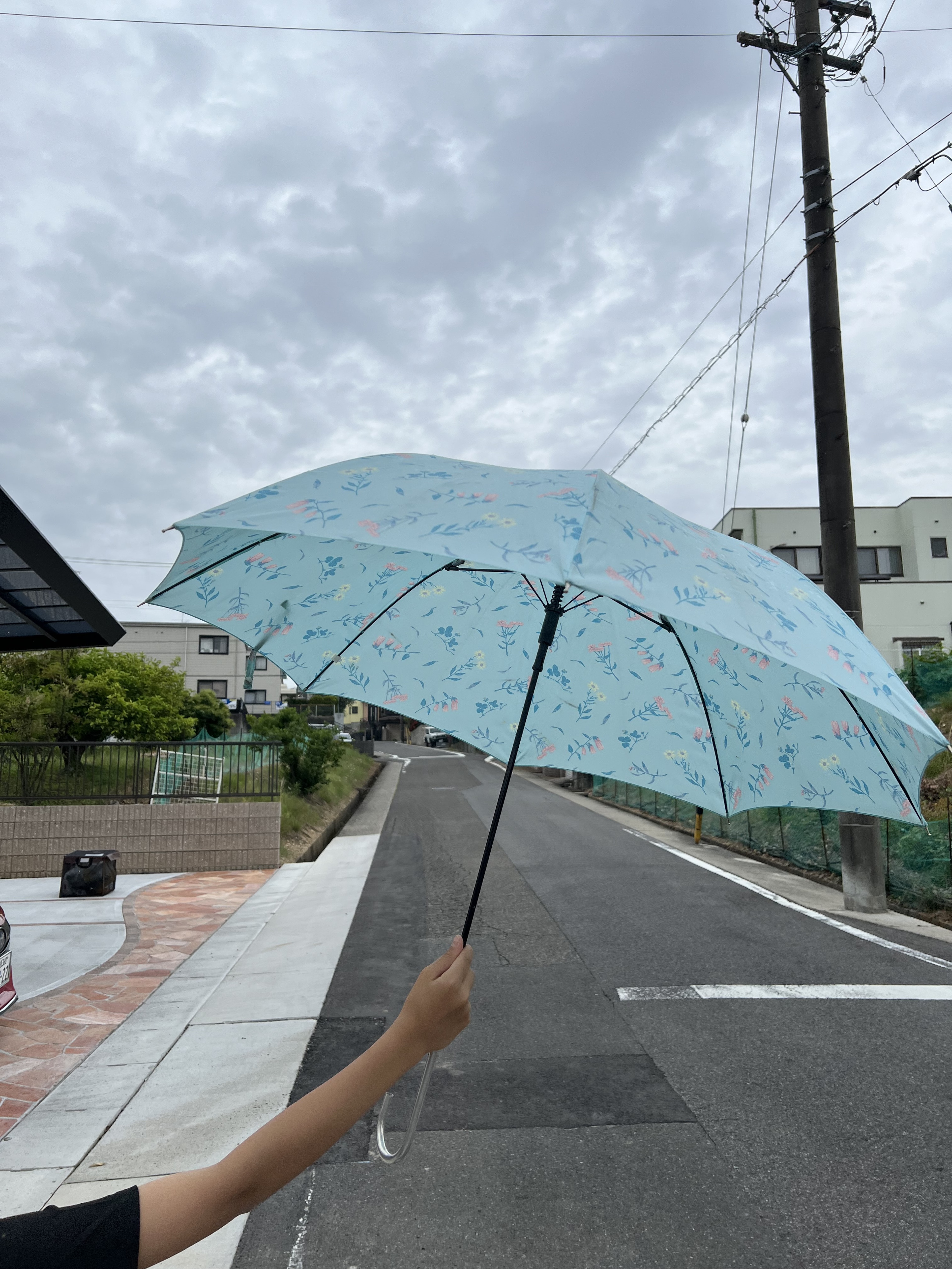 Hand holding a blue umbrella against a cloudy sky