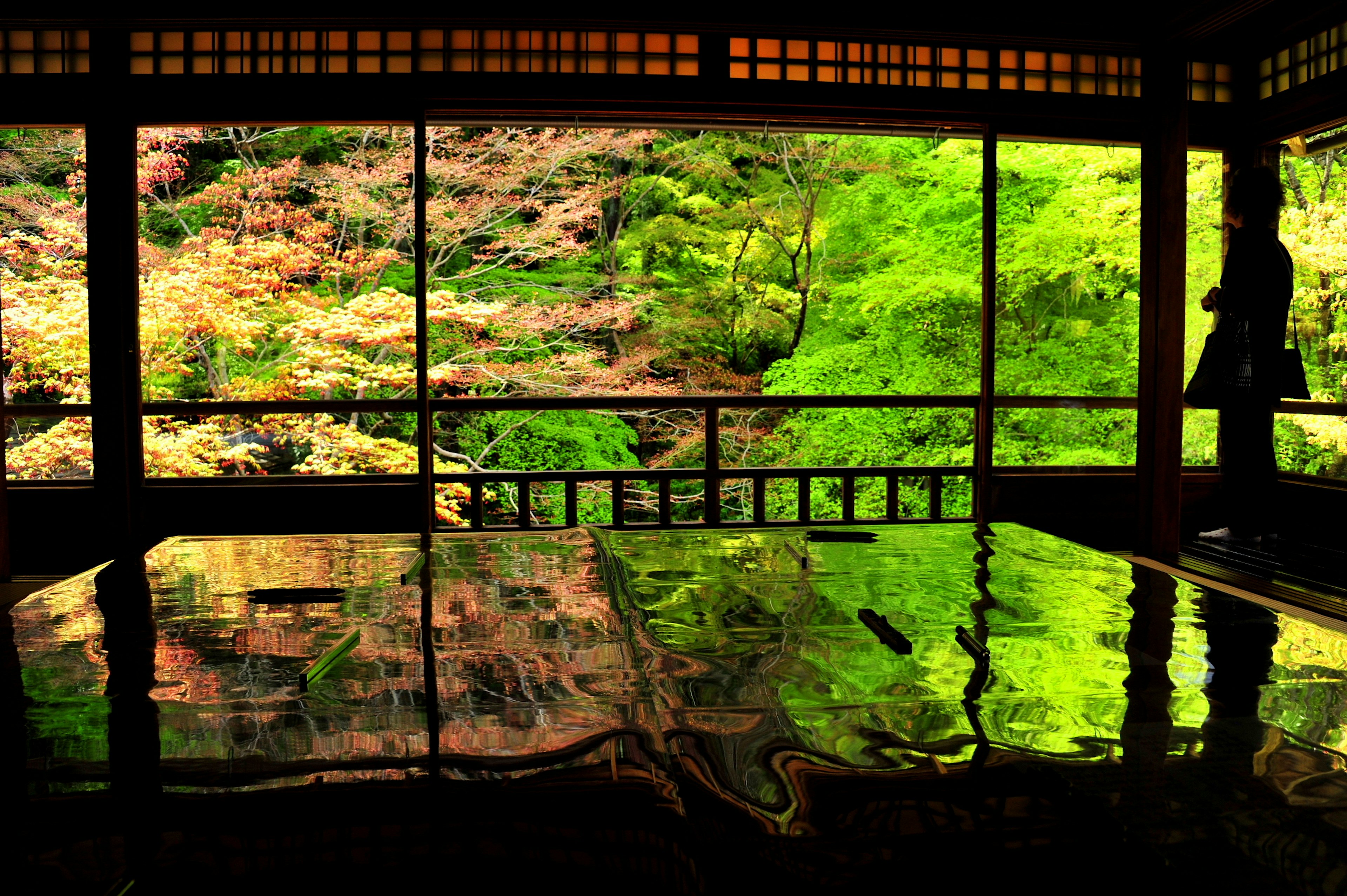 Blick auf einen traditionellen japanischen Raum mit grünem Landschaft durch das Fenster und einem reflektierenden Tisch